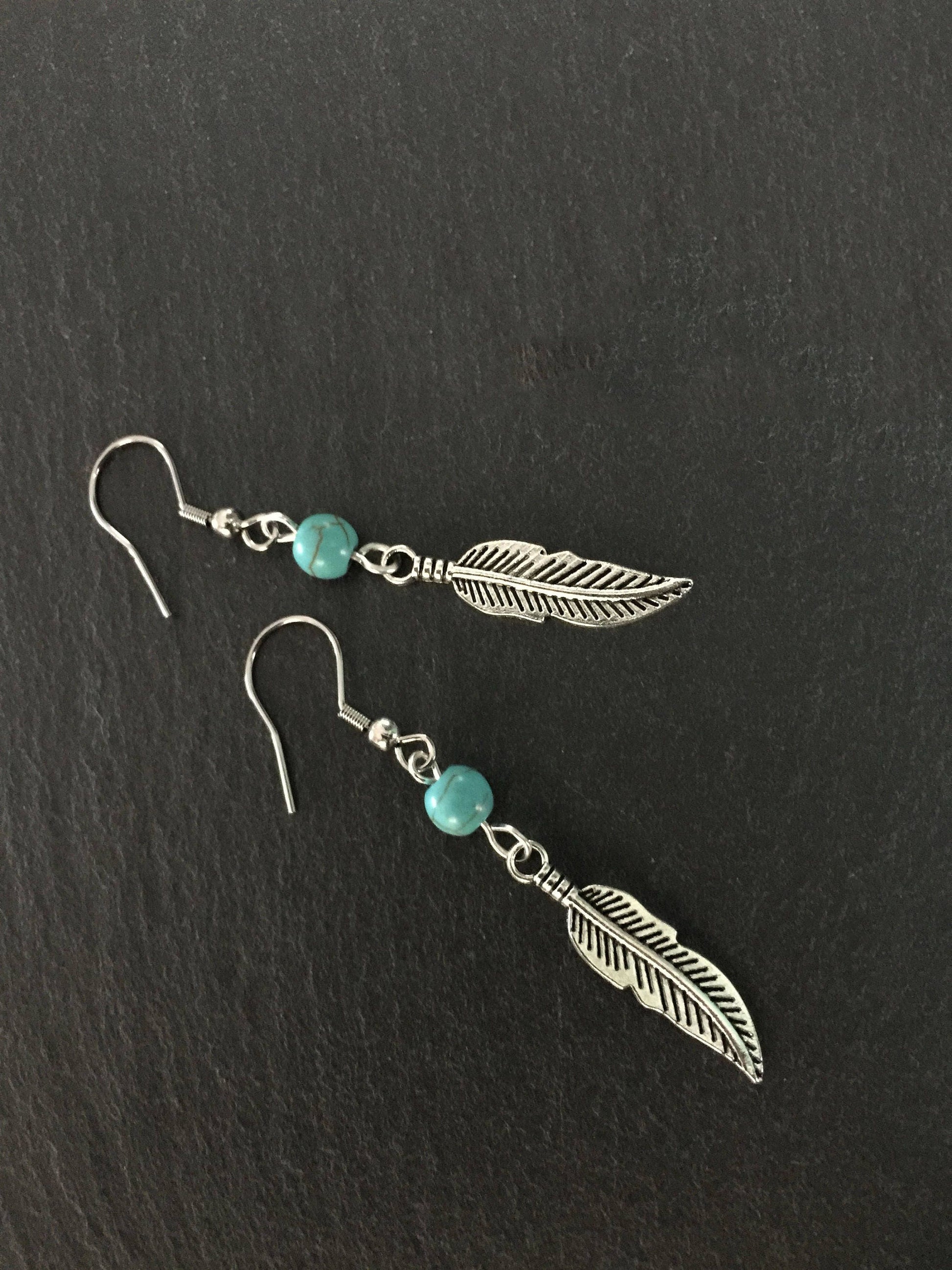 Native American Earrings, Silver Feather, Leaf, Turquoise Jewellery, Ethnic, Bohemian, Boho, Tribal, Hypoallergenic, Sterling Silver