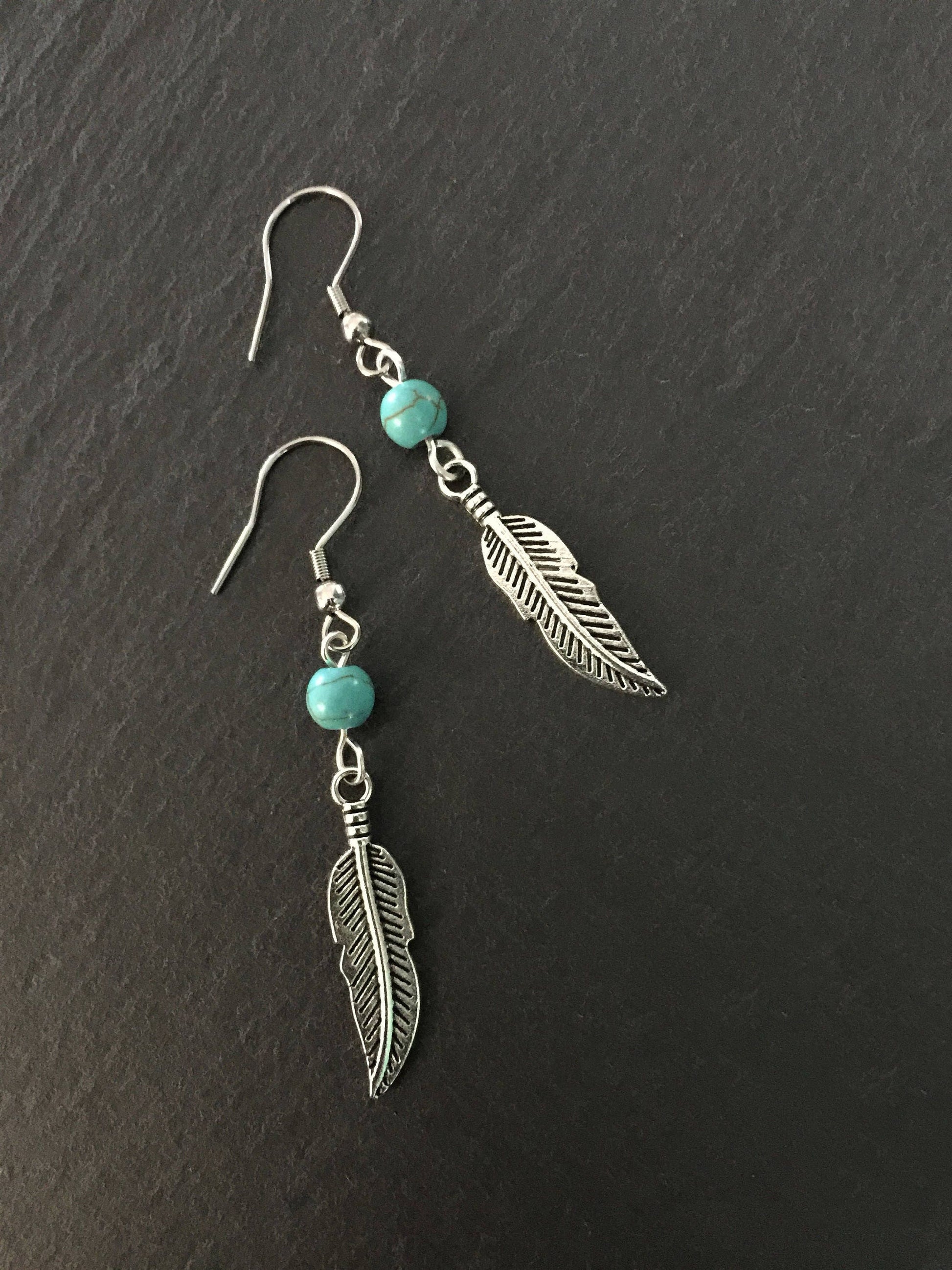 Native American Earrings, Silver Feather, Leaf, Turquoise Jewellery, Ethnic, Bohemian, Boho, Tribal, Hypoallergenic, Sterling Silver