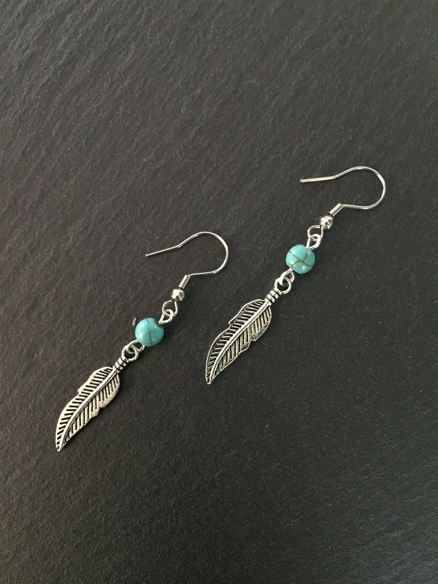 Native American Earrings, Silver Feather, Leaf, Turquoise Jewellery, Ethnic, Bohemian, Boho, Tribal, Hypoallergenic, Sterling Silver