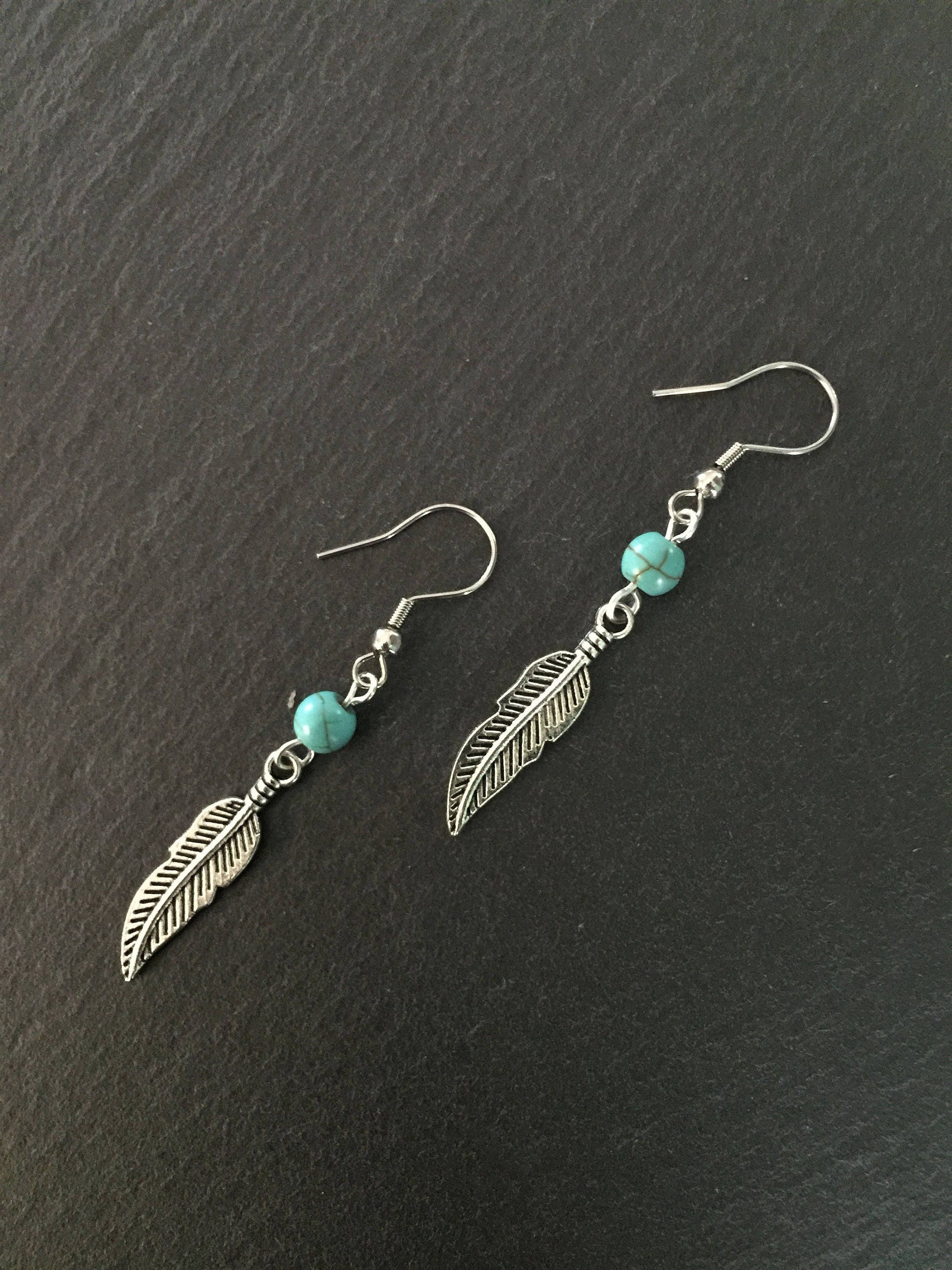 Native American Earrings, Silver Feather, Leaf, Turquoise Jewellery, Ethnic, Bohemian, Boho, Tribal, Hypoallergenic, Sterling Silver