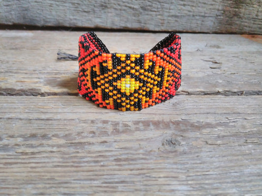 Red Bead Loom Bracelet,Cuff Beaded Bracelet,Geometric Bracelet,Ethno Bracelet for Man/Women,Handmade Bracelet,Beadwork Jewelry,Native Style