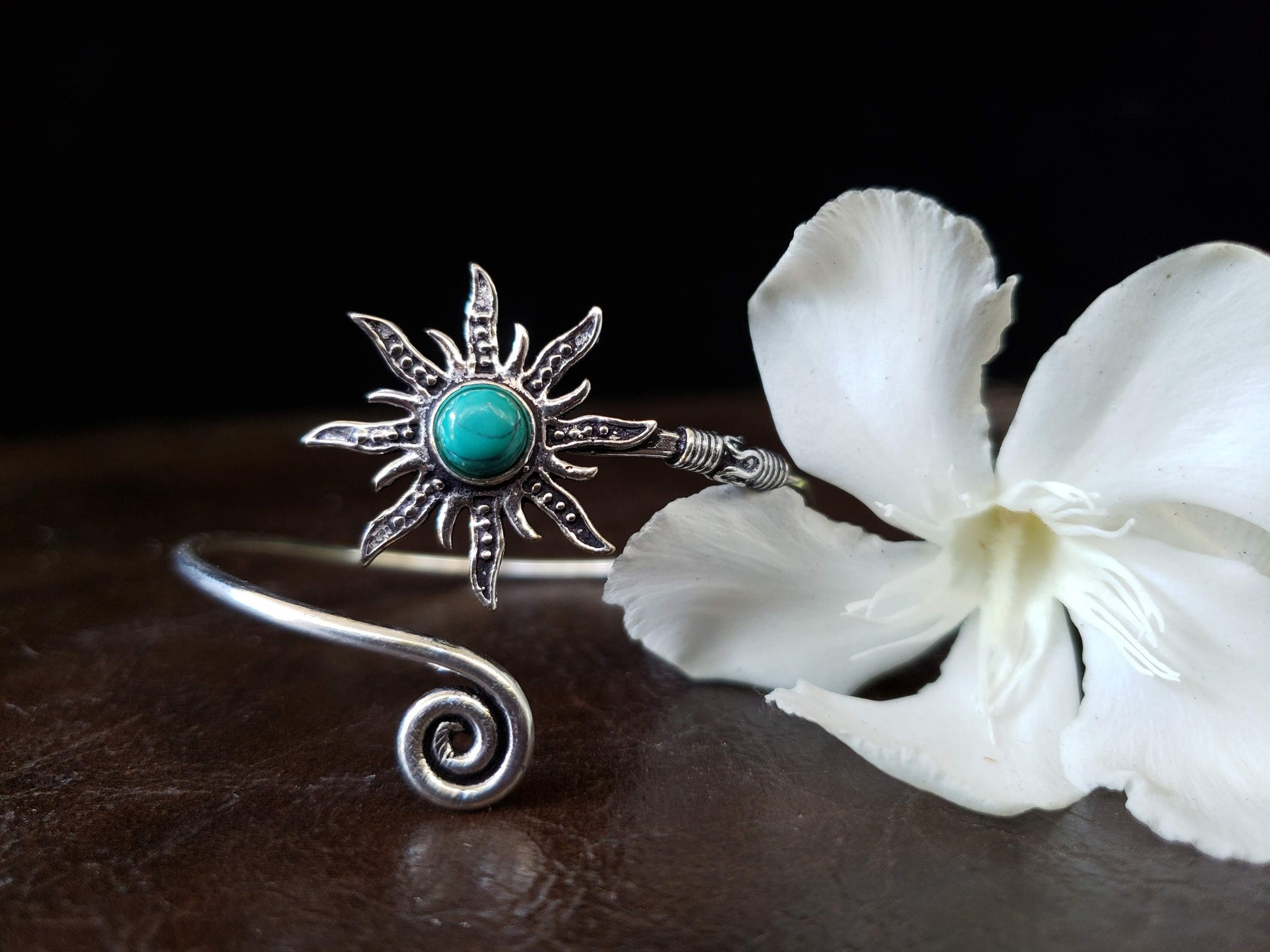 Silver Turquoise Sunburst Adjustable Bracelet Tribal Gypsy Festival Boho Bohemian Jewelry