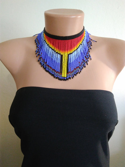 Sunset Choker,Beaded Fringe Choker,Beads Choker,Native American Style Choker,Necklace for Women,Beadwork Jewelry,Handmade Gift for Her