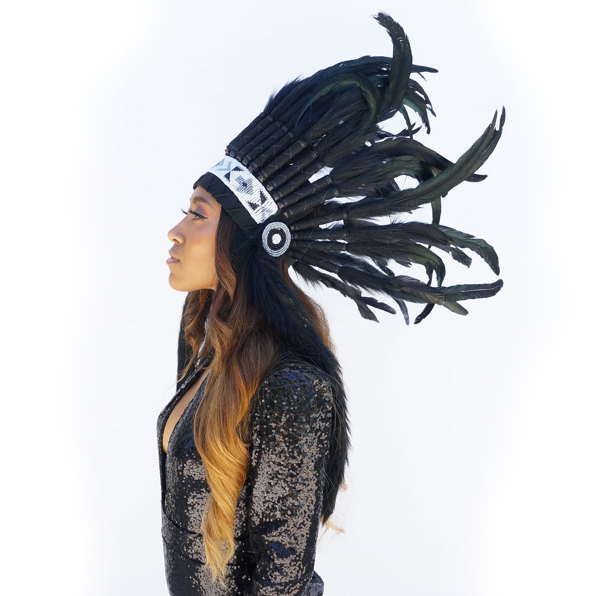 Feather Headdress, Black Feather Headdress with Faux Fur and Beaded Headband, Headdress Inspiration ZUCKER®