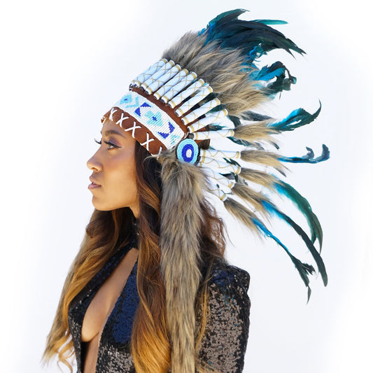 Feather Headdress, Dark Turquoise Feather Headdress with Faux Fur and Beaded Headband, Headdress Inspiration ZUCKER®