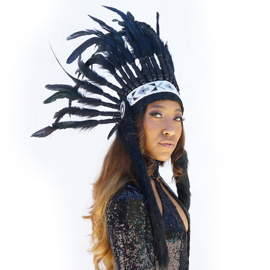Feather Headdress, Black Feather Headdress with Faux Fur and Beaded Headband, Headdress Inspiration ZUCKER®