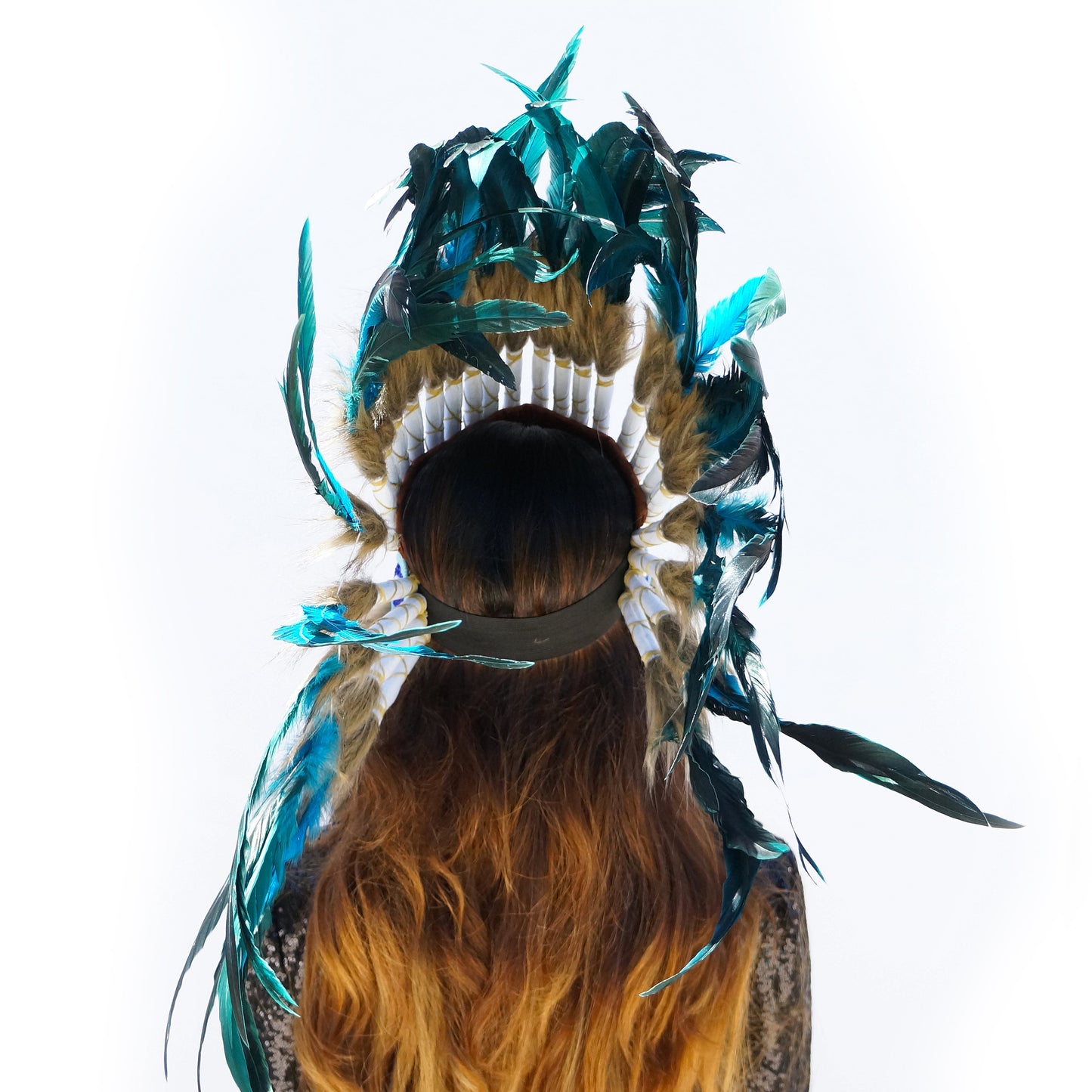 Feather Headdress, Dark Turquoise Feather Headdress with Faux Fur and Beaded Headband, Headdress Inspiration ZUCKER®