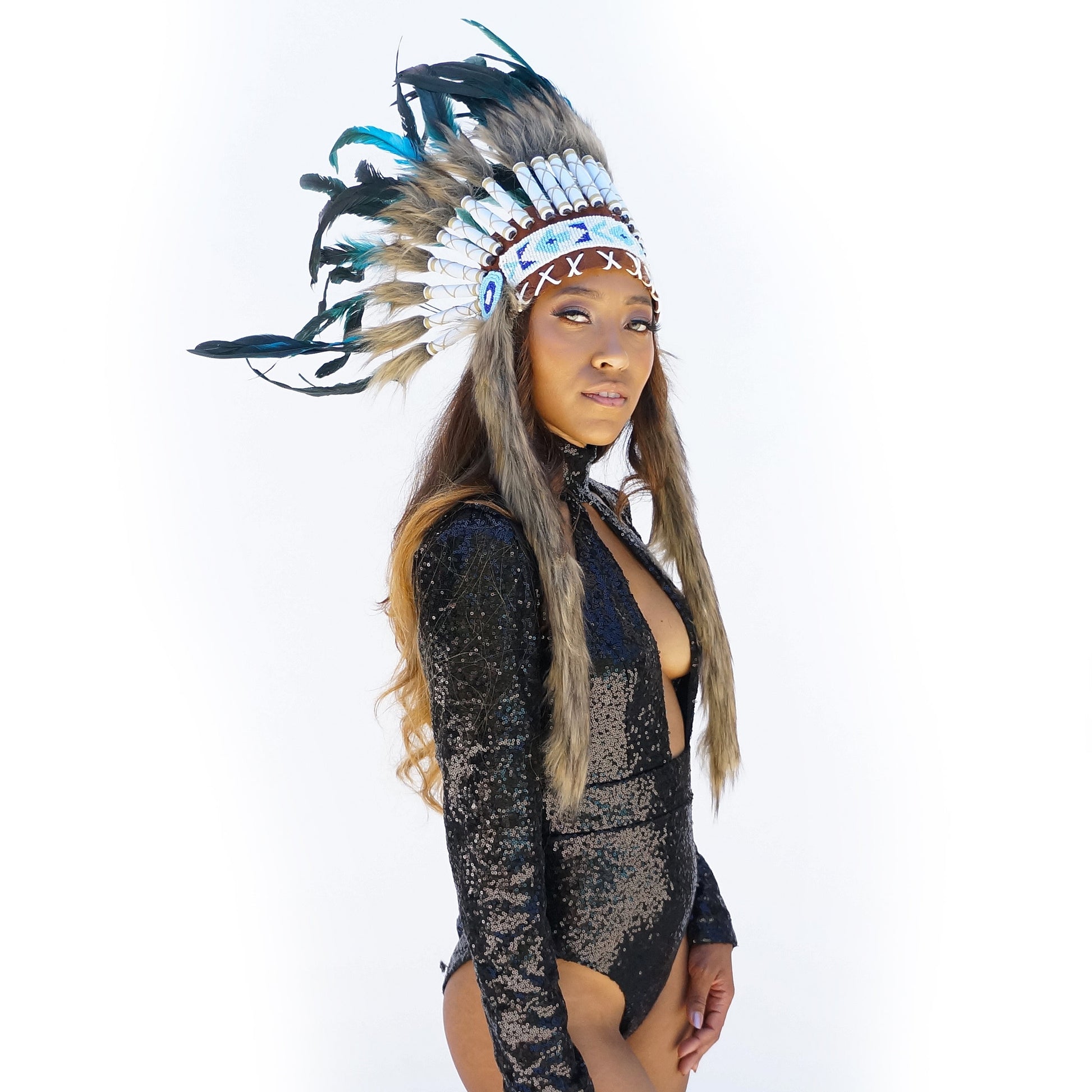 Feather Headdress, Dark Turquoise Feather Headdress with Faux Fur and Beaded Headband, Headdress Inspiration ZUCKER®