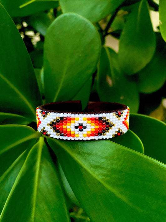 White Beaded Leather Cuff Bracelet: Native Made Jewelry Handcrafted by Indigenous Mayan Artisans