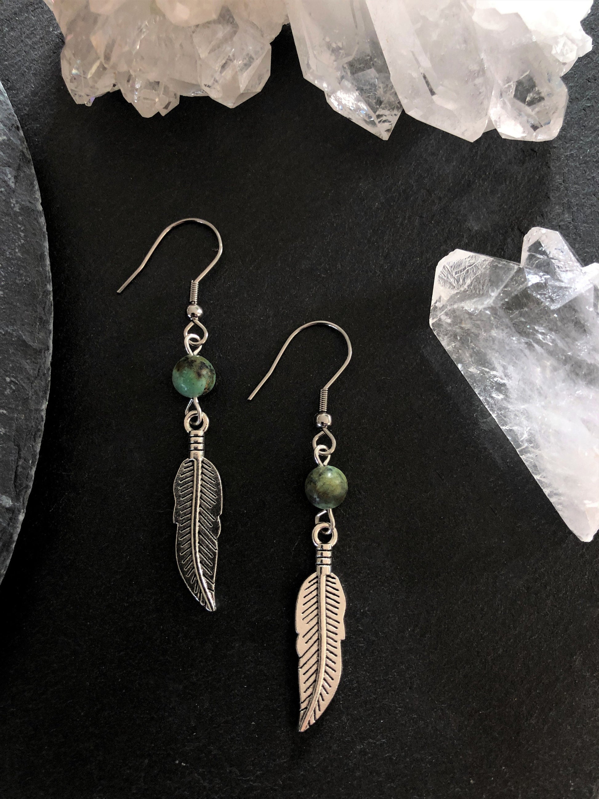 Native American Earrings, Silver Feather, Leaf, Turquoise Jewellery, Ethnic, Bohemian, Boho, Tribal, Hypoallergenic, Sterling Silver