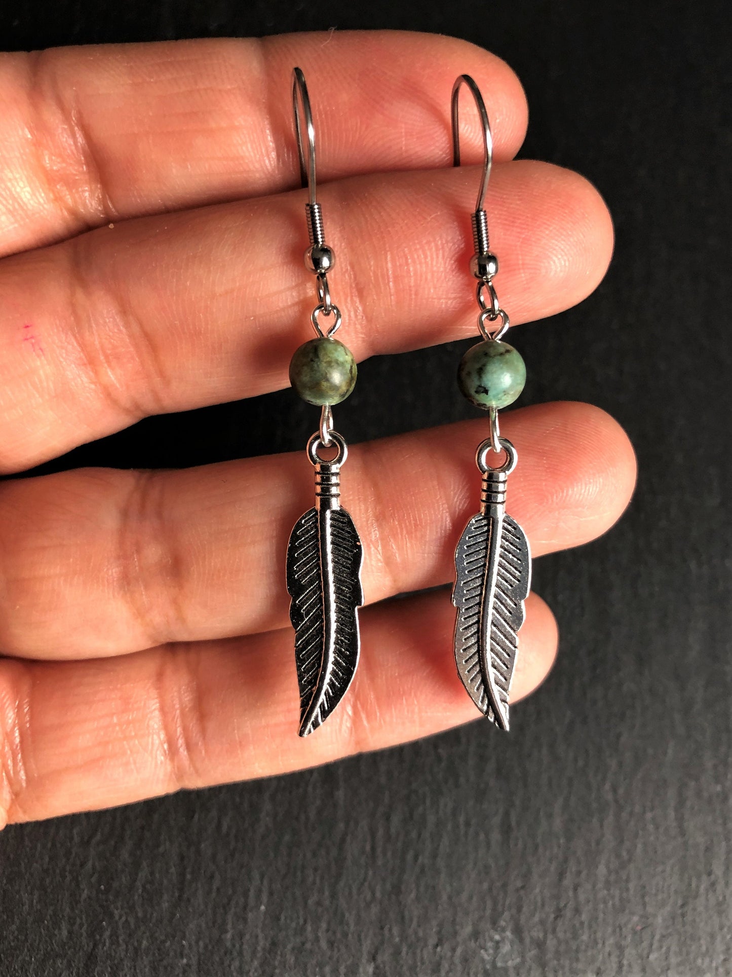 Native American Earrings, Silver Feather, Leaf, Turquoise Jewellery, Ethnic, Bohemian, Boho, Tribal, Hypoallergenic, Sterling Silver