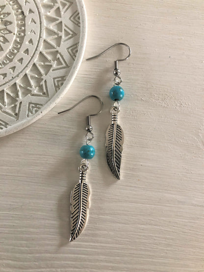Native American Earrings, Silver Feather, Leaf, Turquoise Jewellery, Ethnic, Bohemian, Boho, Tribal, Hypoallergenic, Sterling Silver