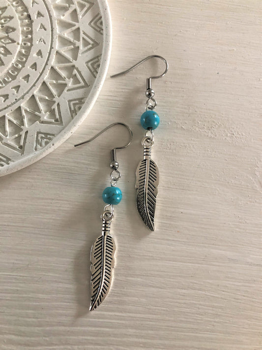 Native American Earrings, Silver Feather, Leaf, Turquoise Jewellery, Ethnic, Bohemian, Boho, Tribal, Hypoallergenic, Sterling Silver