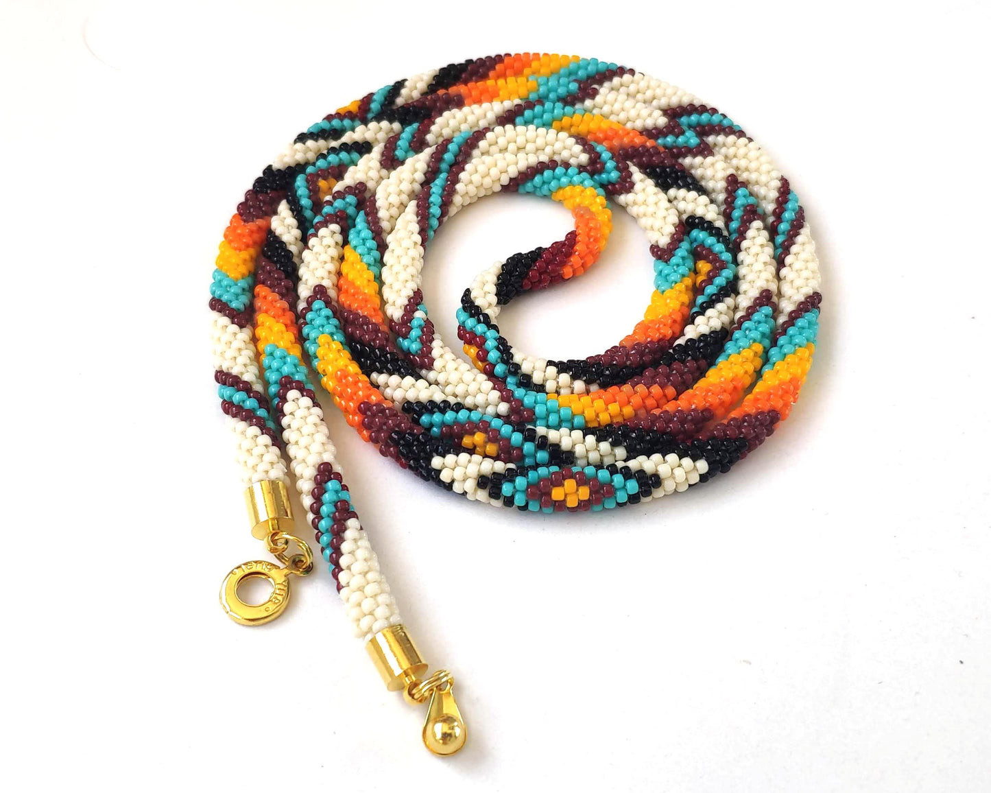 Native Style Thin Rope Necklace, Ethnic Crochet Bead Jewelry, Traditional Colors