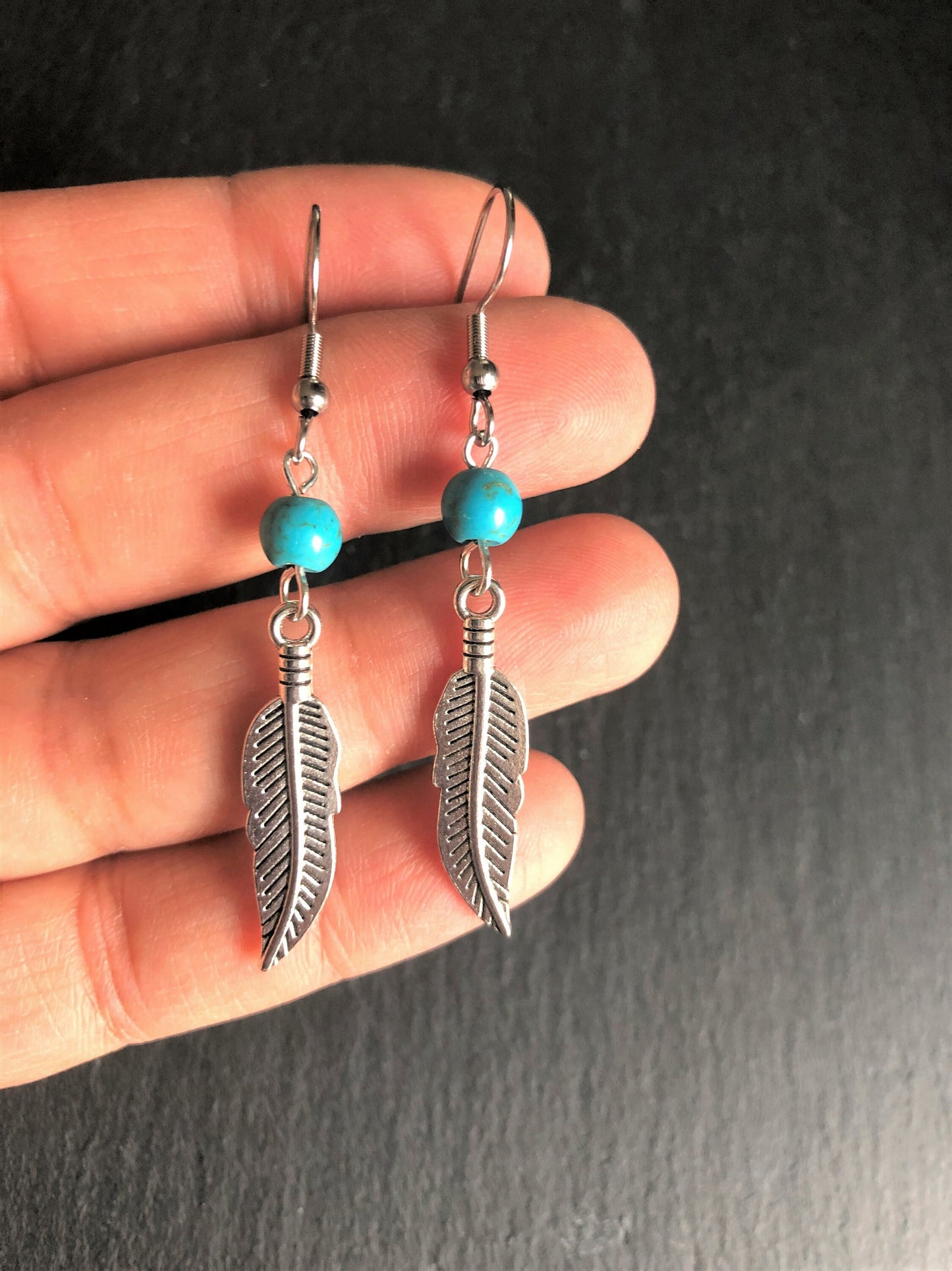Native American Earrings, Silver Feather, Leaf, Turquoise Jewellery, Ethnic, Bohemian, Boho, Tribal, Hypoallergenic, Sterling Silver