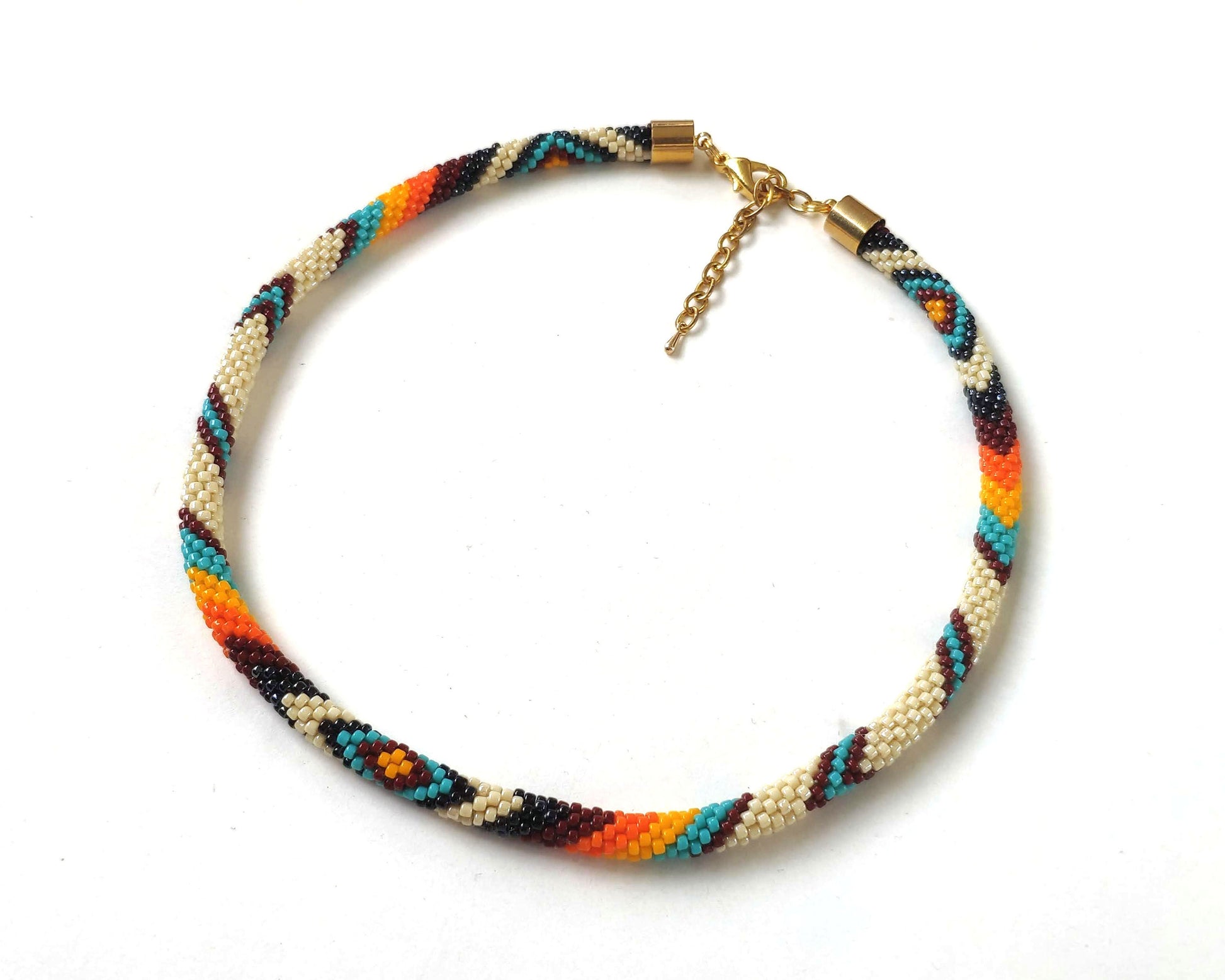 Native Style Thin Rope Necklace, Ethnic Crochet Bead Jewelry, Traditional Colors