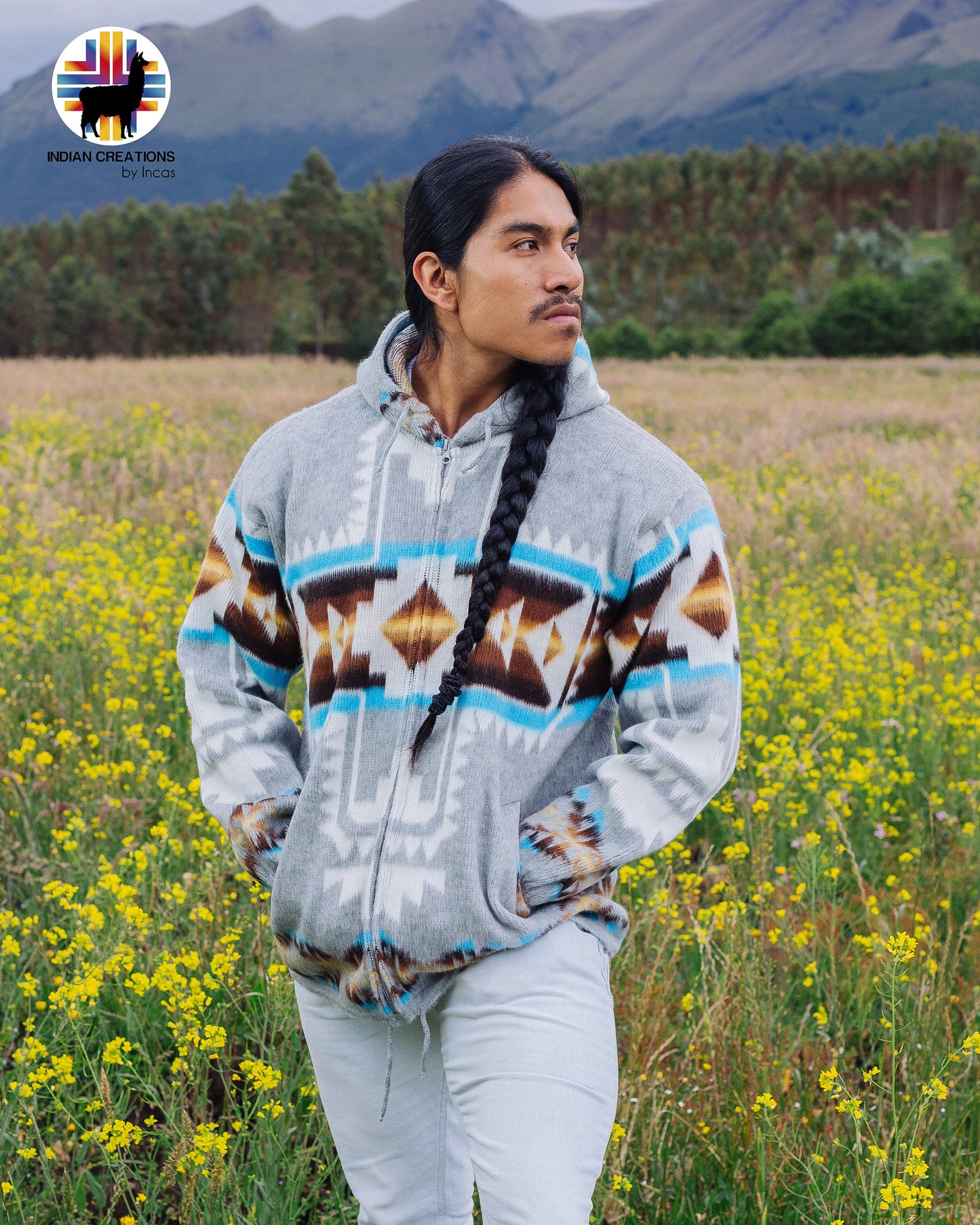 Handmade Alpaca Wool Jacket. (Aqua Southwestern Cross) Unisex. Crafted by Indigenous Crafters. Super Warm and Soft.Free Shipping!Gift Ideas.