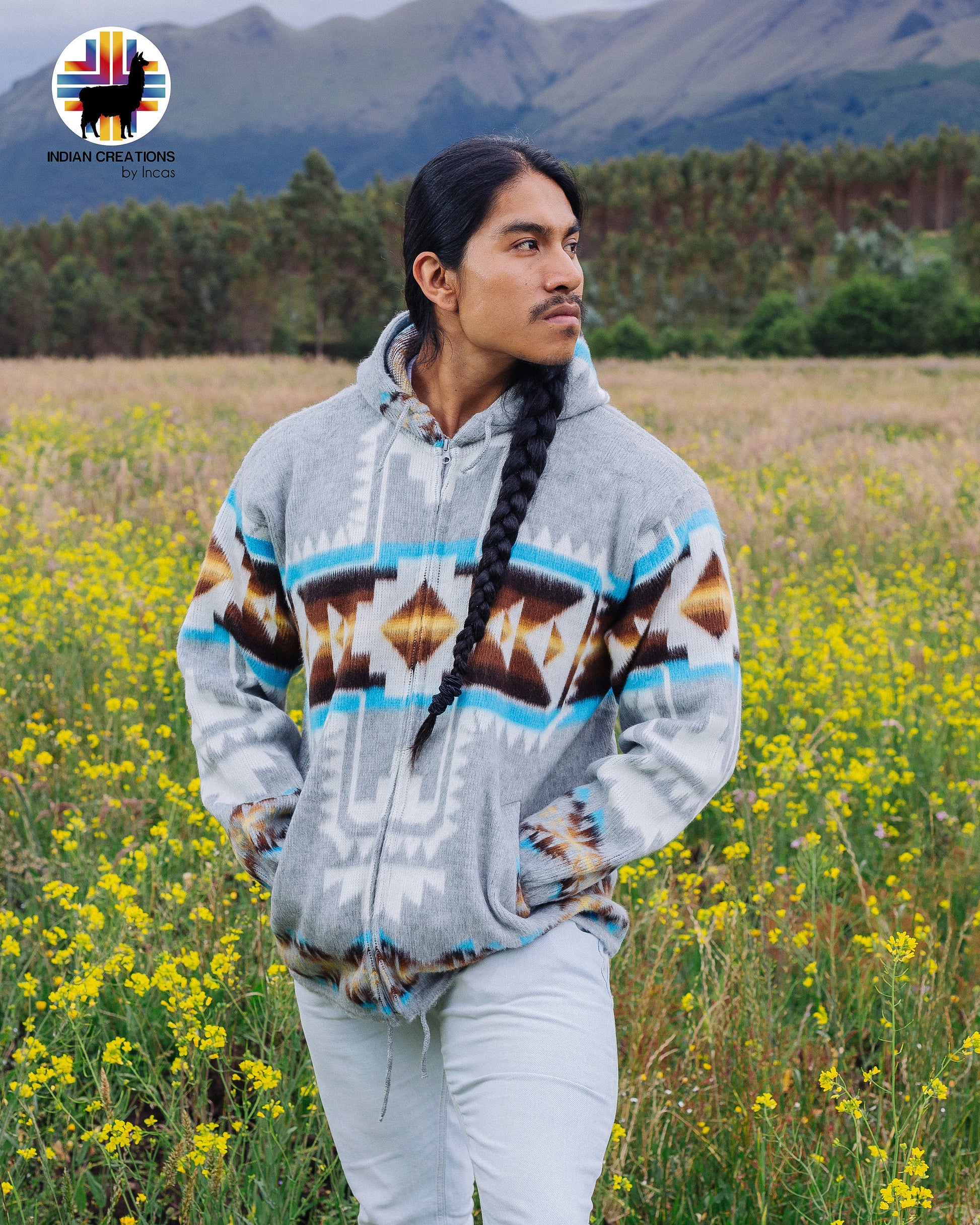 Handmade Alpaca Wool Jacket. (Aqua Southwestern Cross) Unisex. Crafted by Indigenous Crafters. Super Warm and Soft.Free Shipping!Gift Ideas.