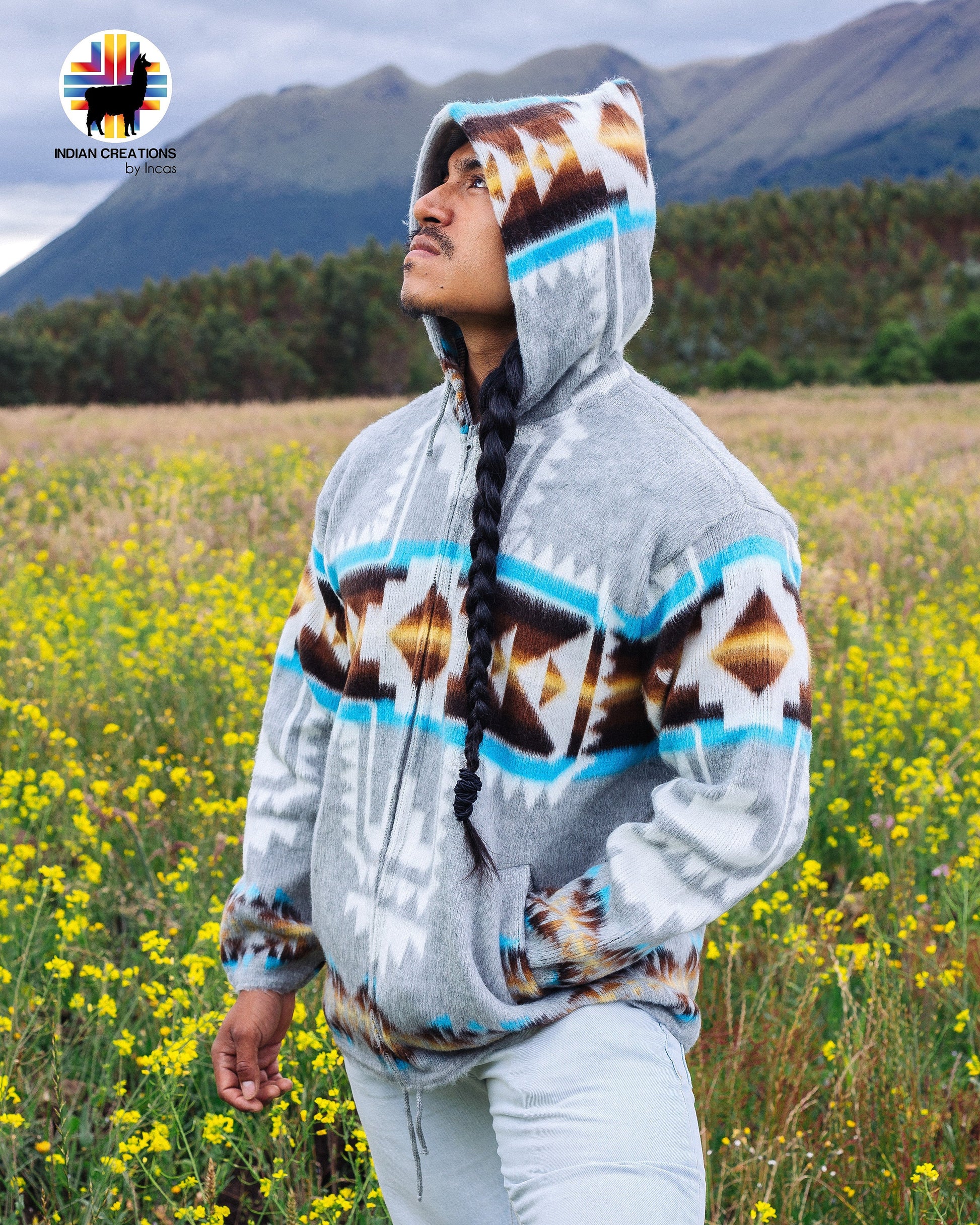 Handmade Alpaca Wool Jacket. (Aqua Southwestern Cross) Unisex. Crafted by Indigenous Crafters. Super Warm and Soft.Free Shipping!Gift Ideas.