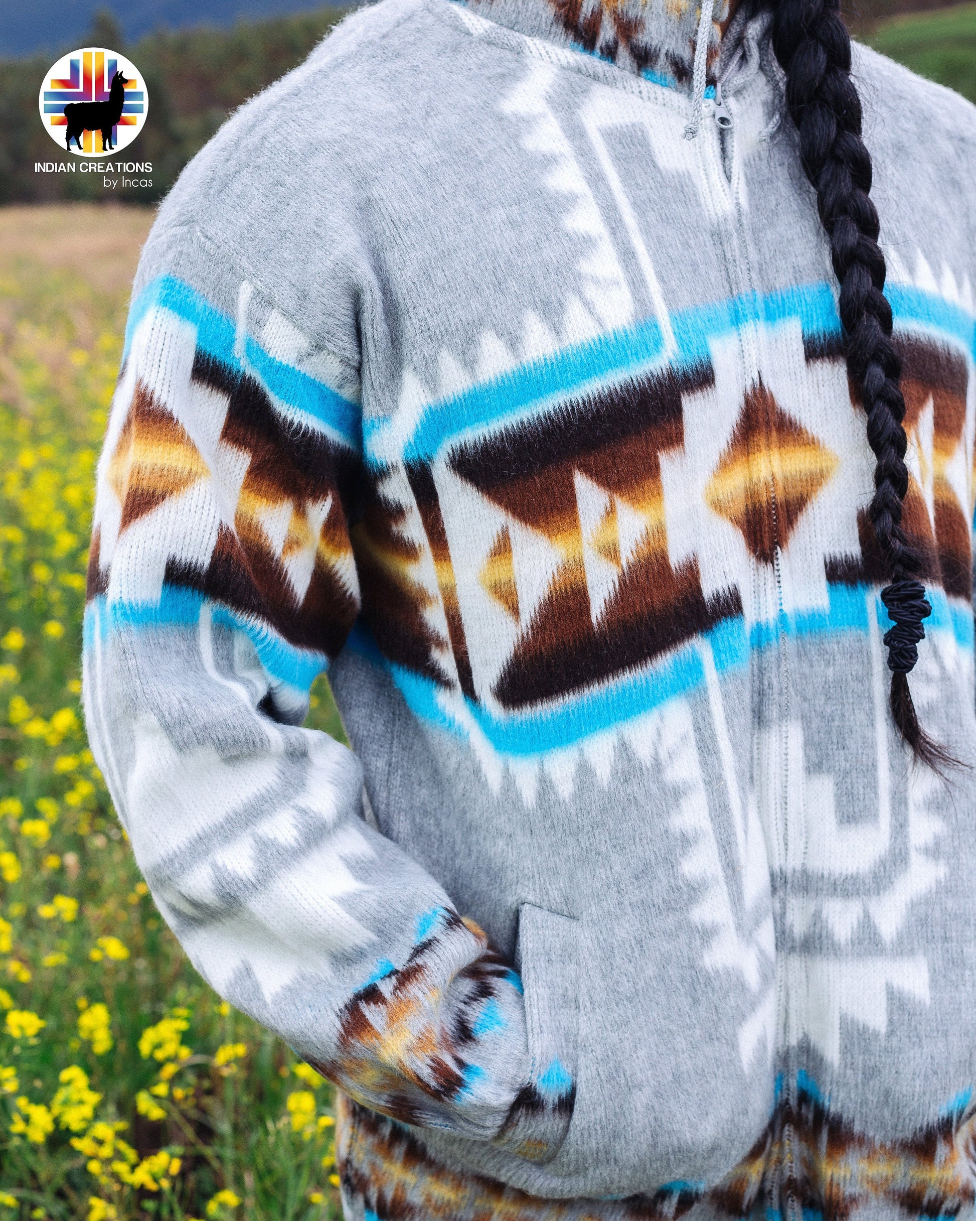 Handmade Alpaca Wool Jacket. (Aqua Southwestern Cross) Unisex. Crafted by Indigenous Crafters. Super Warm and Soft.Free Shipping!Gift Ideas.