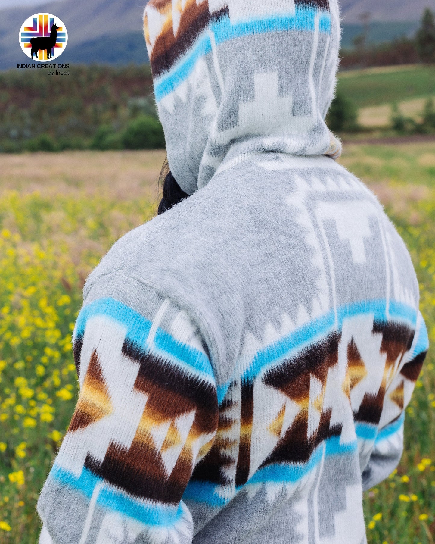 Handmade Alpaca Wool Jacket. (Aqua Southwestern Cross) Unisex. Crafted by Indigenous Crafters. Super Warm and Soft.Free Shipping!Gift Ideas.