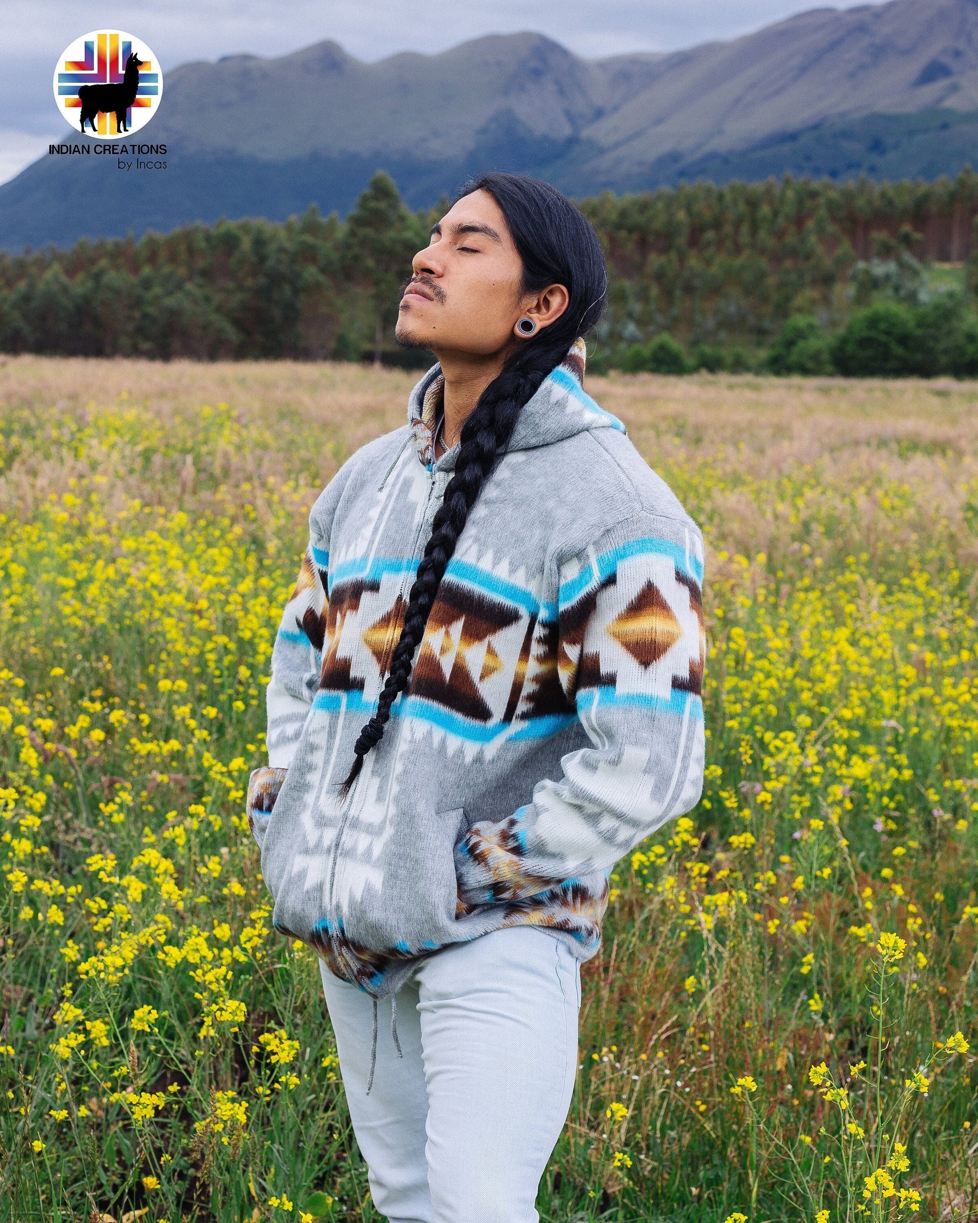 Handmade Alpaca Wool Jacket. (Aqua Southwestern Cross) Unisex. Crafted by Indigenous Crafters. Super Warm and Soft.Free Shipping!Gift Ideas.