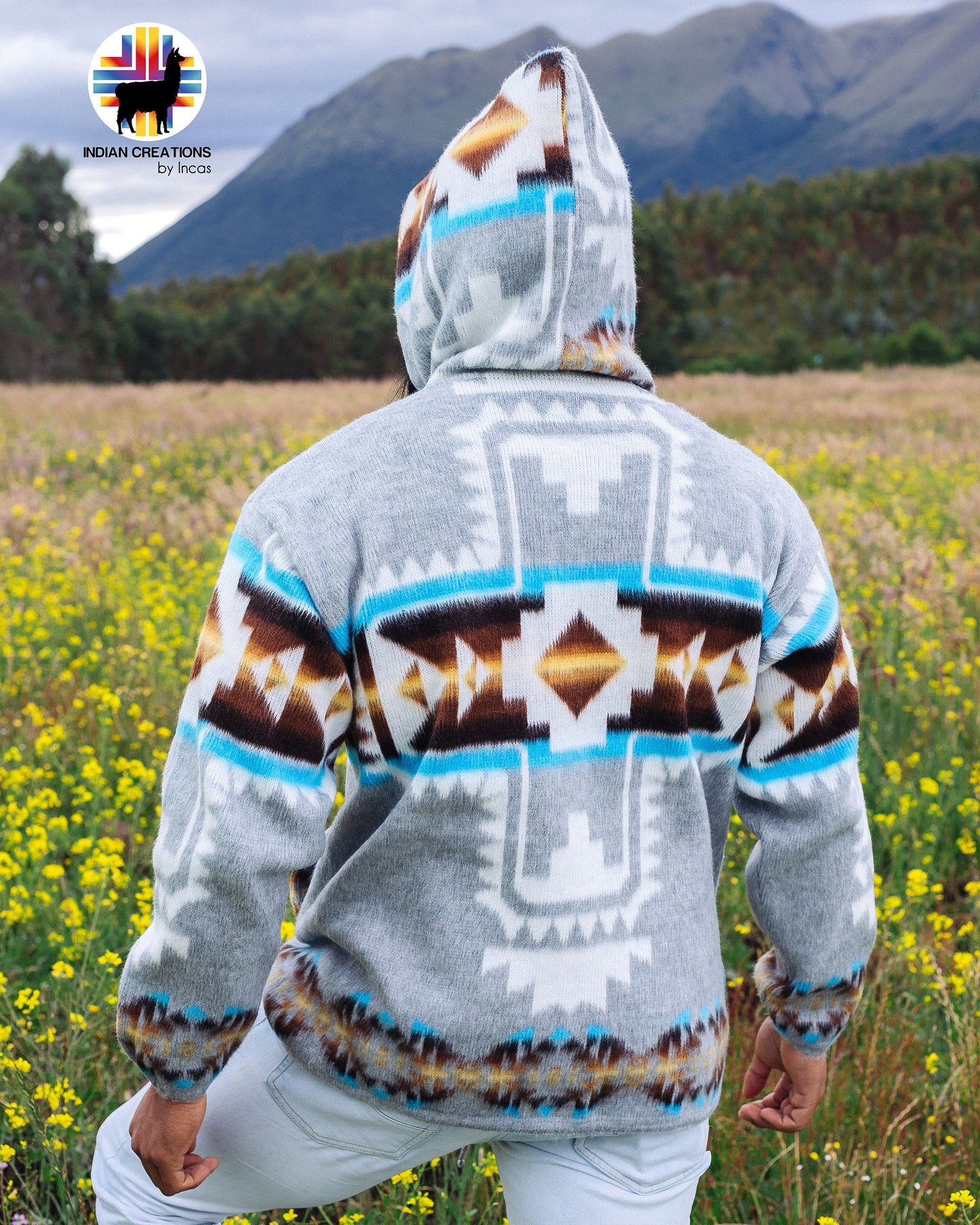 Handmade Alpaca Wool Jacket. (Aqua Southwestern Cross) Unisex. Crafted by Indigenous Crafters. Super Warm and Soft.Free Shipping!Gift Ideas.