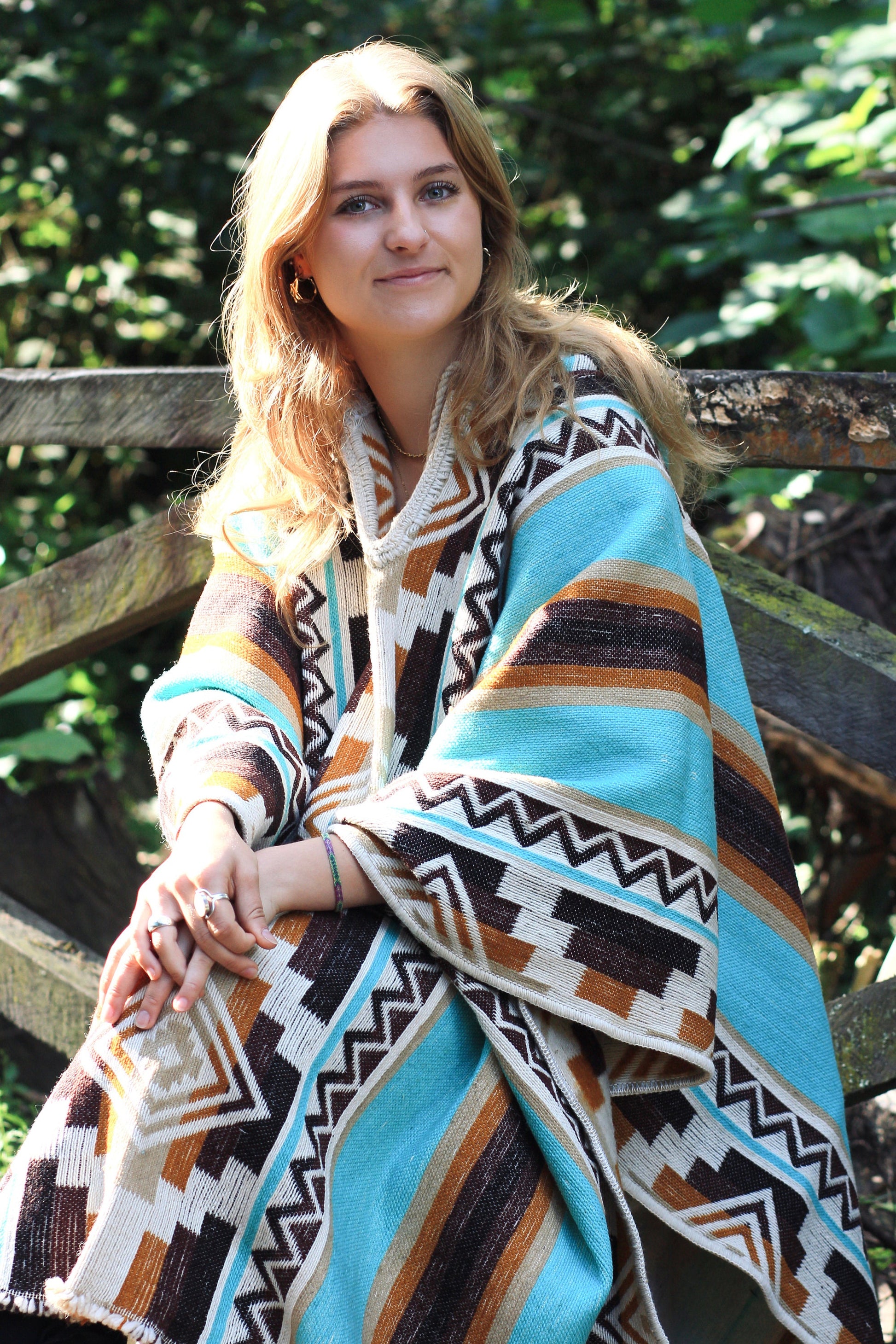 Native Southwest Wool Poncho Cape with Hood Handmade Unisex Coat