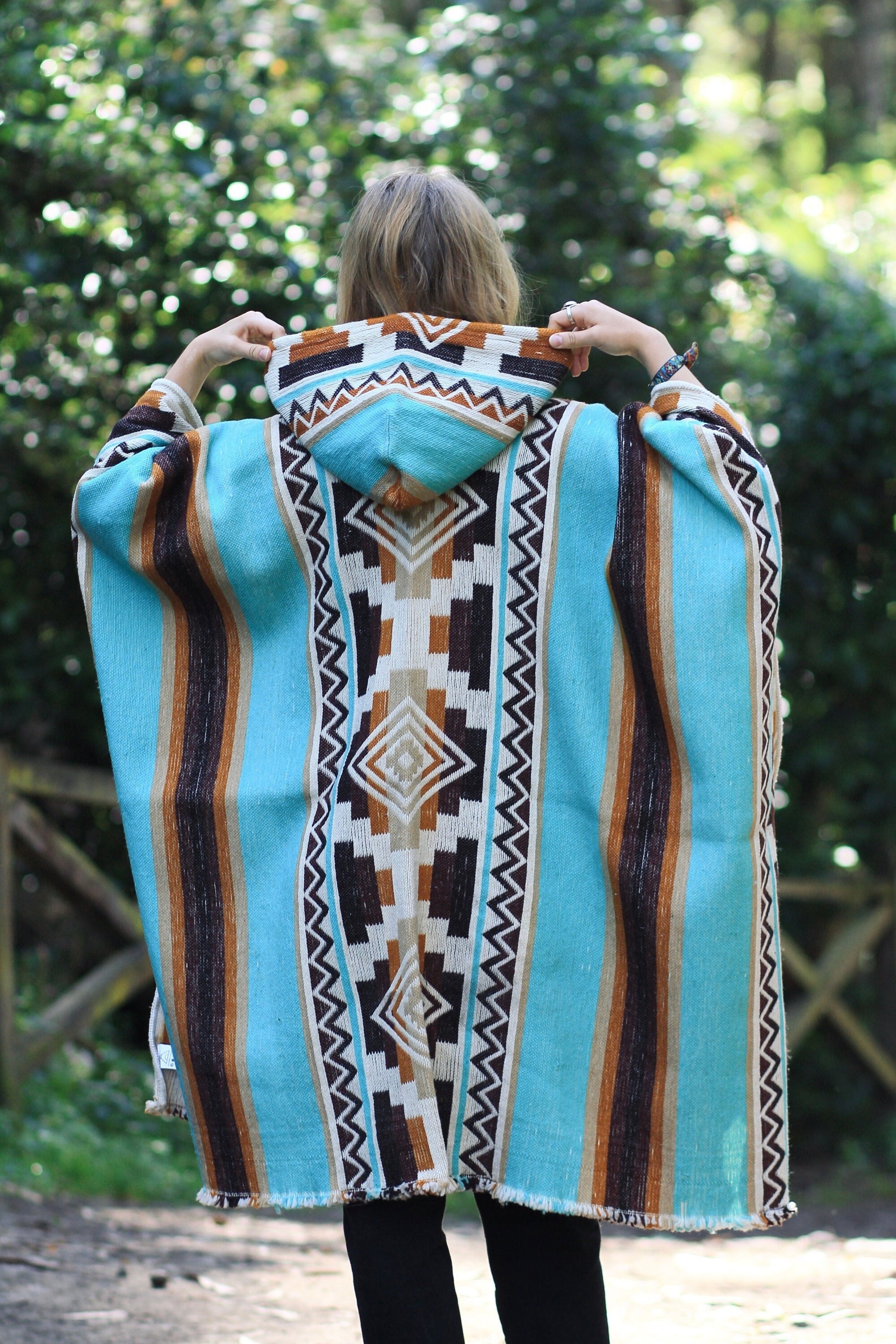 Native Southwest Wool Poncho Cape with Hood Handmade Unisex Coat