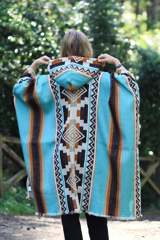 Native Southwest Wool Poncho Cape with Hood Handmade Unisex Coat
