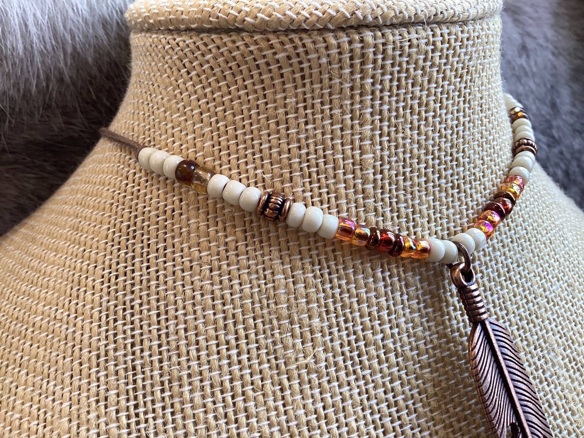 Adjustable Cotton Cord Copper Feather Choker, Turquoise Bone Glass Picasso Seed Beads, Men'S Native American Boho Western Necklace
