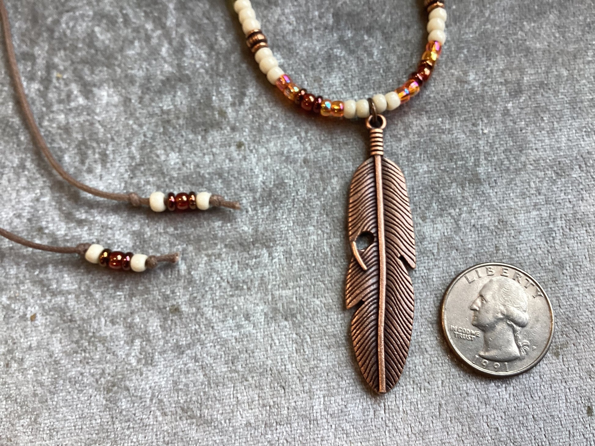 Adjustable Cotton Cord Copper Feather Choker, Turquoise Bone Glass Picasso Seed Beads, Men'S Native American Boho Western Necklace