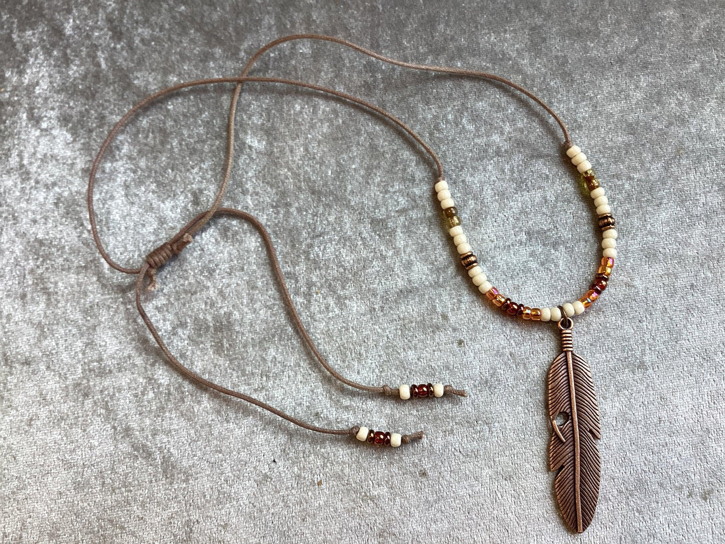Adjustable Cotton Cord Copper Feather Choker, Turquoise Bone Glass Picasso Seed Beads, Men'S Native American Boho Western Necklace