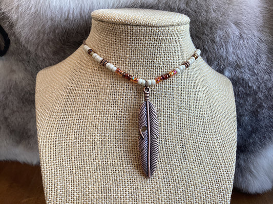 Adjustable Cotton Cord Copper Feather Choker, Turquoise Bone Glass Picasso Seed Beads, Men'S Native American Boho Western Necklace