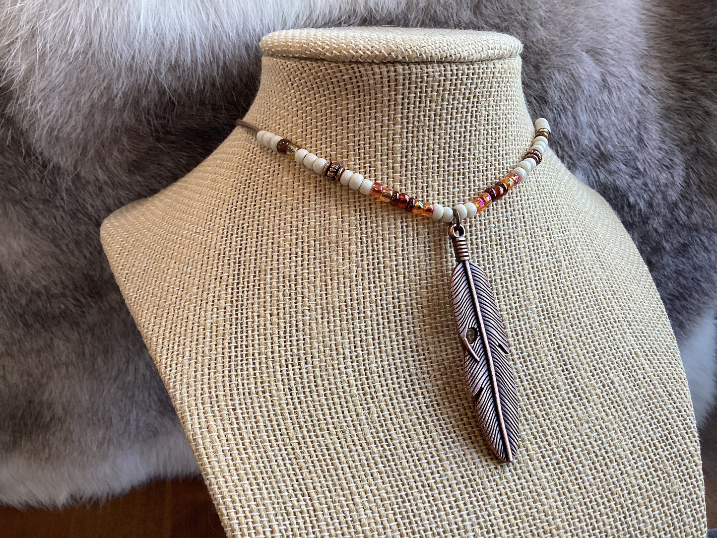 Adjustable Cotton Cord Copper Feather Choker, Turquoise Bone Glass Picasso Seed Beads, Men'S Native American Boho Western Necklace