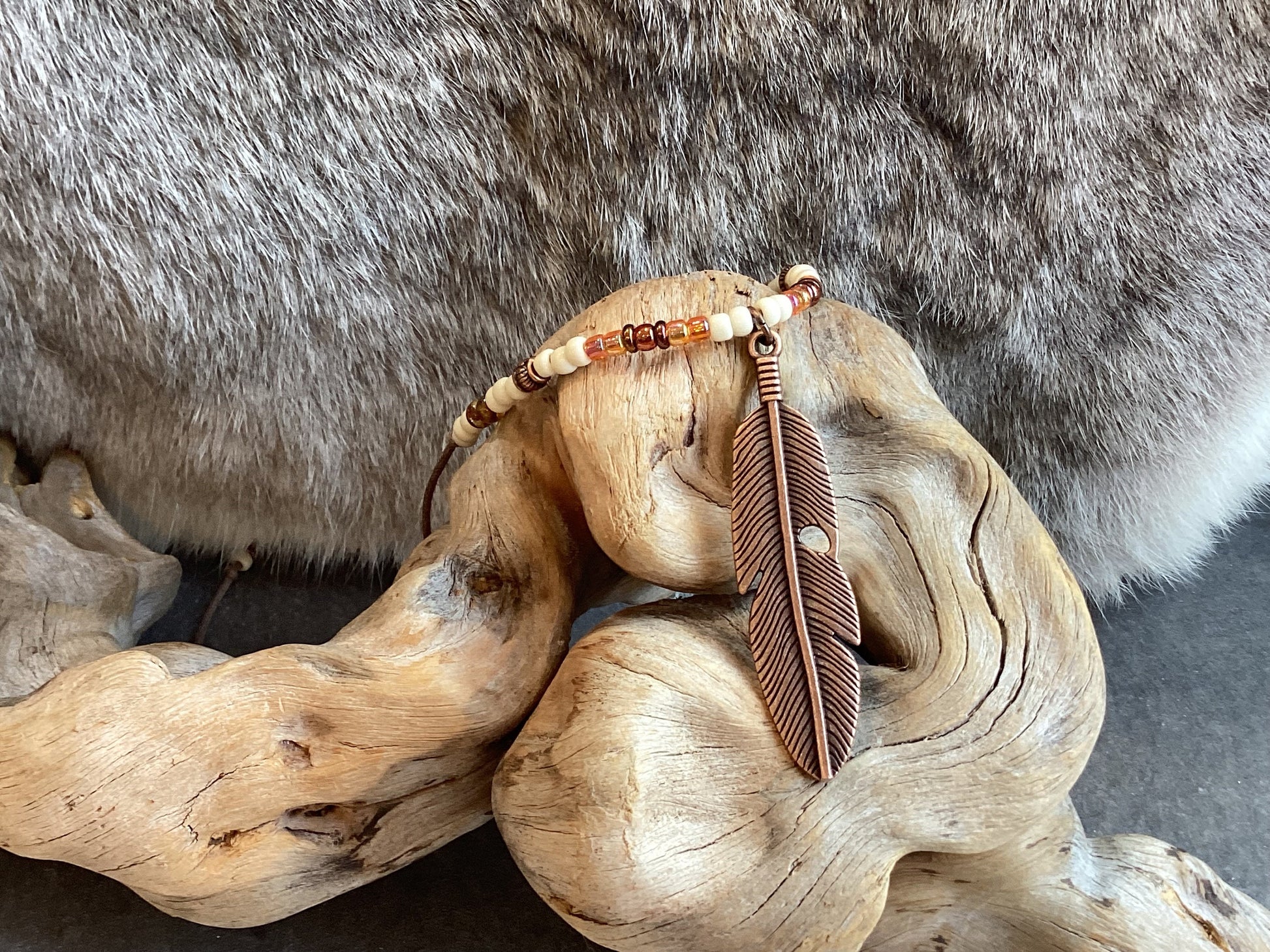 Adjustable Cotton Cord Copper Feather Choker, Turquoise Bone Glass Picasso Seed Beads, Men'S Native American Boho Western Necklace