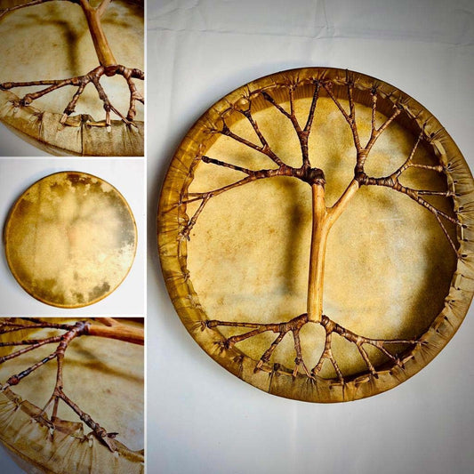 Terre Handmade Shaman Drum - round 16" 18" 20" with Goat Skin - Tree Style on the Back and Handle - Embrace Nature'S Rhythms