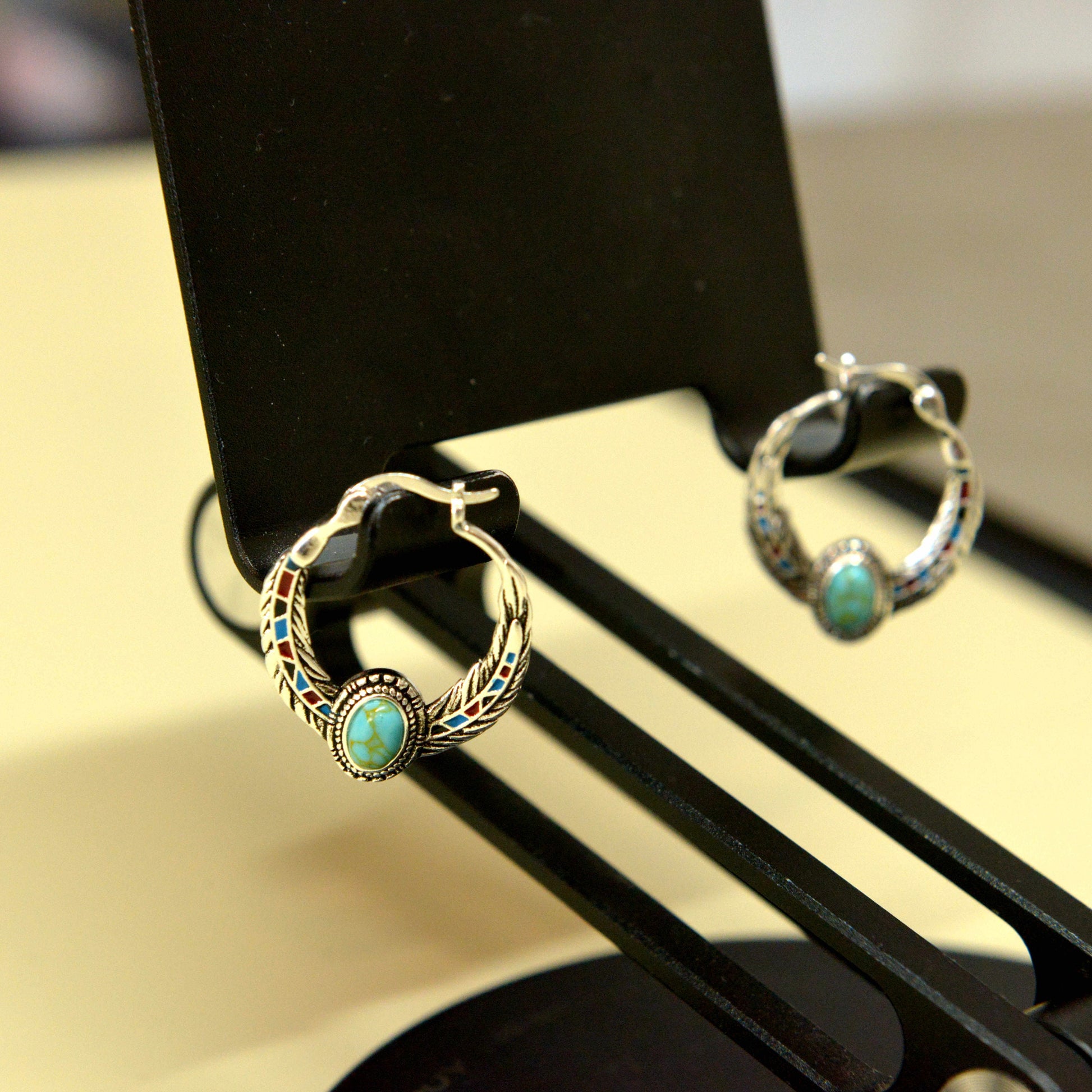 Blue 925 Silver Vintage Ethnic Style Feather Enamel Turquoise Earring Literature Tibetan Earrings