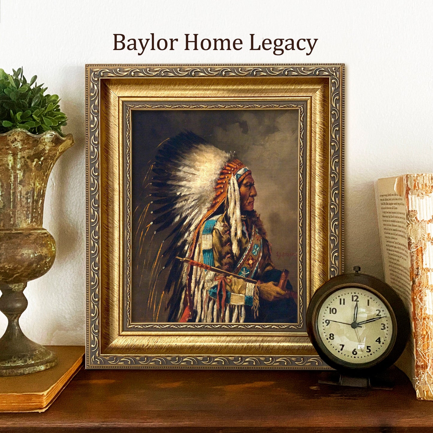 Framed Native American Oil Painting Print on Canvas, Indian Chief Canvas Art Print of Antique Painting, Framed Fine Art Native American Art