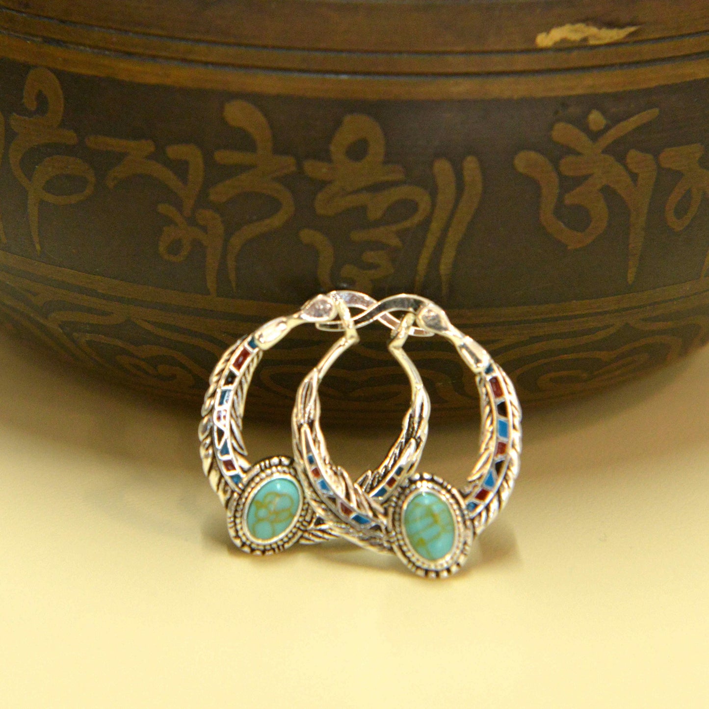 Blue 925 Silver Vintage Ethnic Style Feather Enamel Turquoise Earring Literature Tibetan Earrings