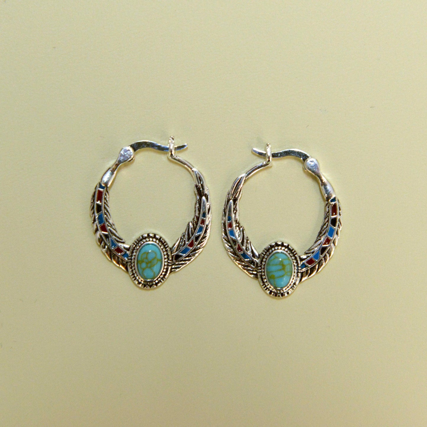 Blue 925 Silver Vintage Ethnic Style Feather Enamel Turquoise Earring Literature Tibetan Earrings