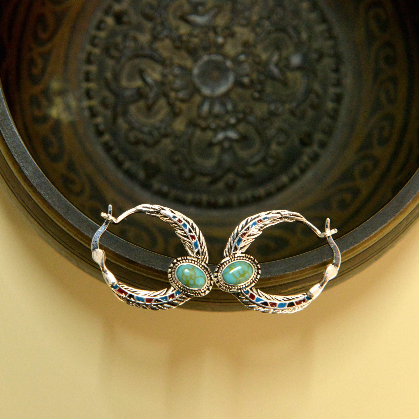 Blue 925 Silver Vintage Ethnic Style Feather Enamel Turquoise Earring Literature Tibetan Earrings