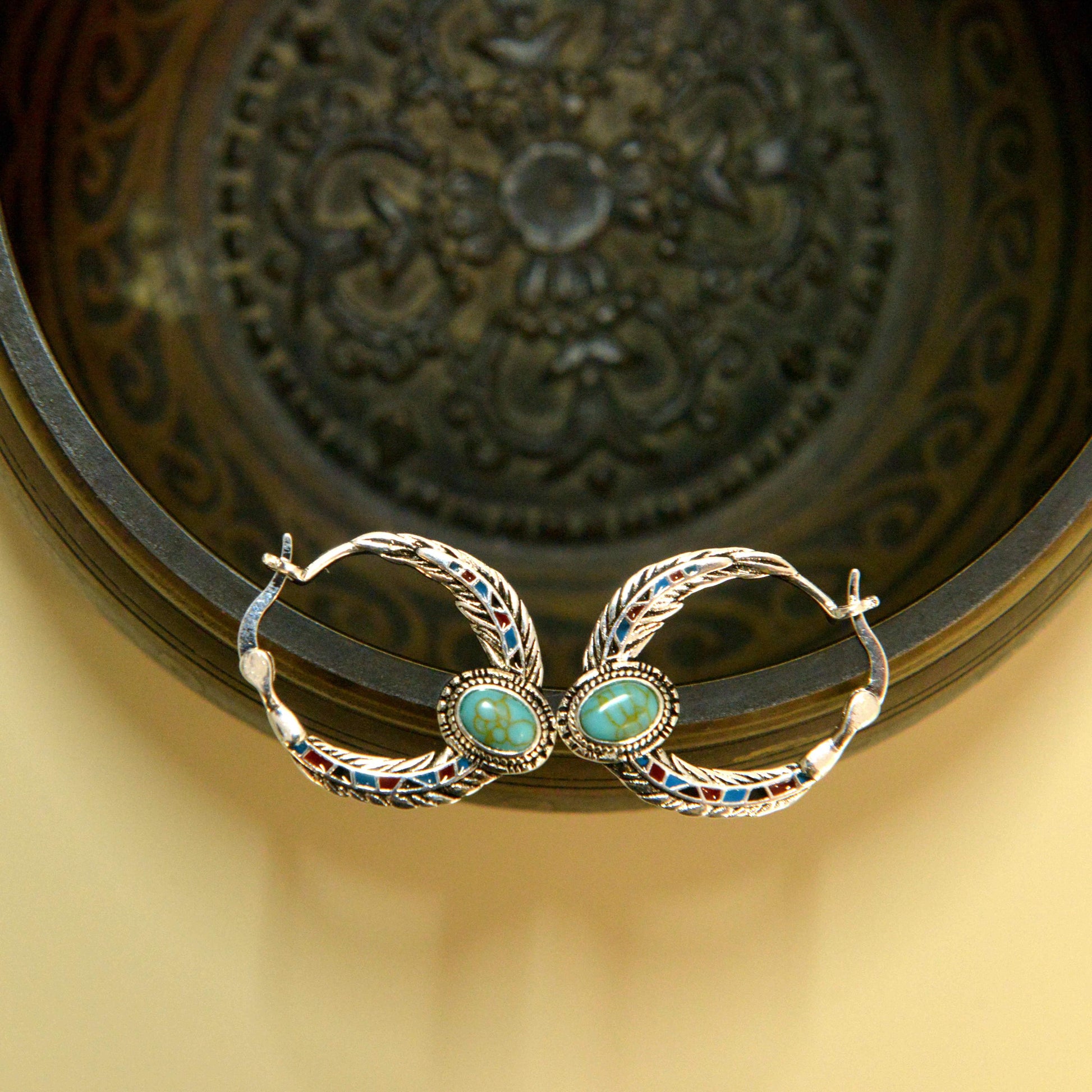 Blue 925 Silver Vintage Ethnic Style Feather Enamel Turquoise Earring Literature Tibetan Earrings