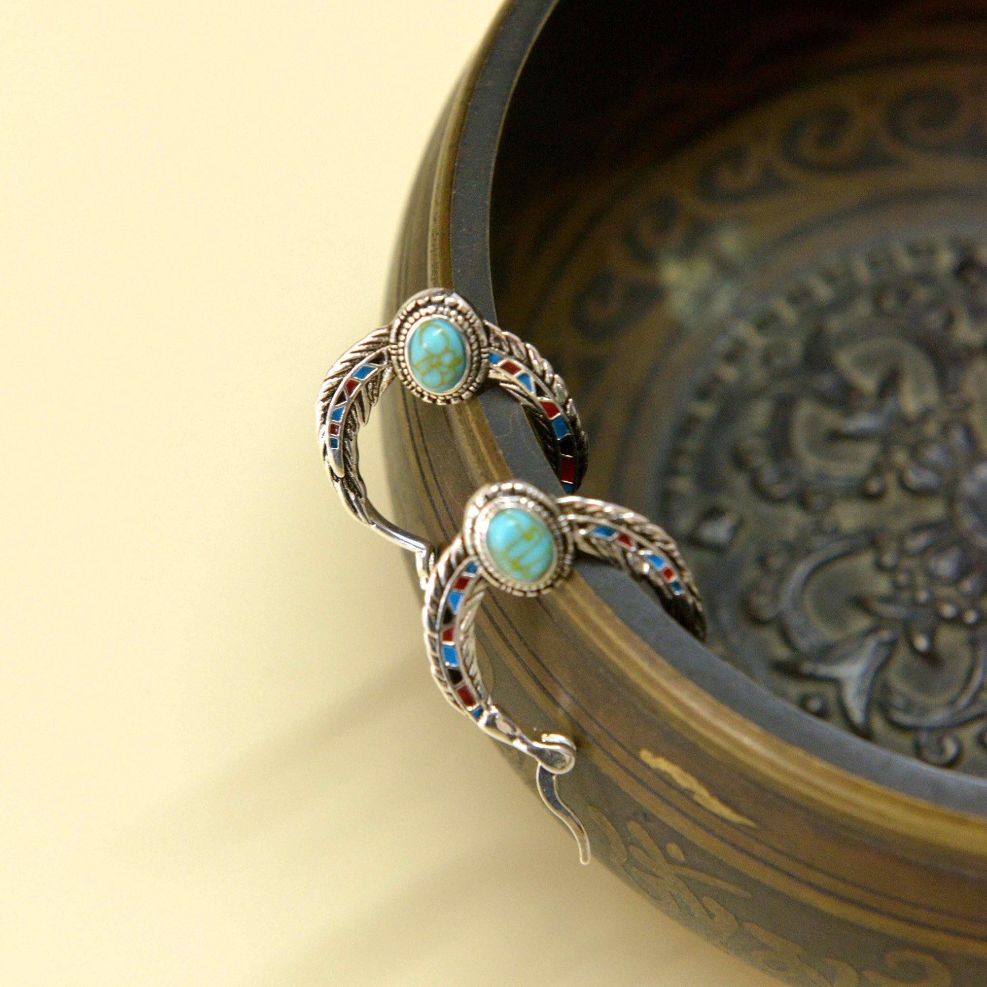 Blue 925 Silver Vintage Ethnic Style Feather Enamel Turquoise Earring Literature Tibetan Earrings
