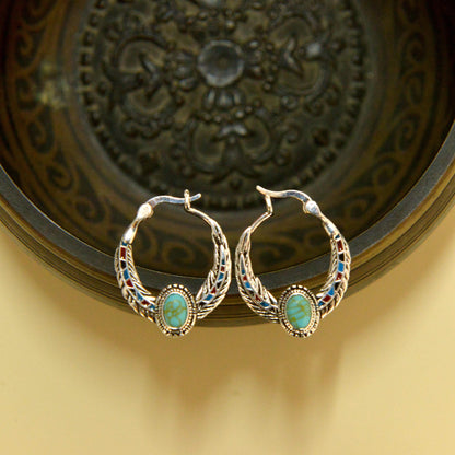 Blue 925 Silver Vintage Ethnic Style Feather Enamel Turquoise Earring Literature Tibetan Earrings