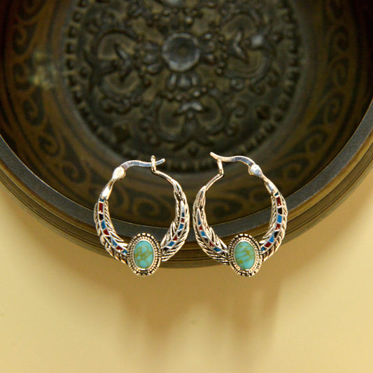 Blue 925 Silver Vintage Ethnic Style Feather Enamel Turquoise Earring Literature Tibetan Earrings