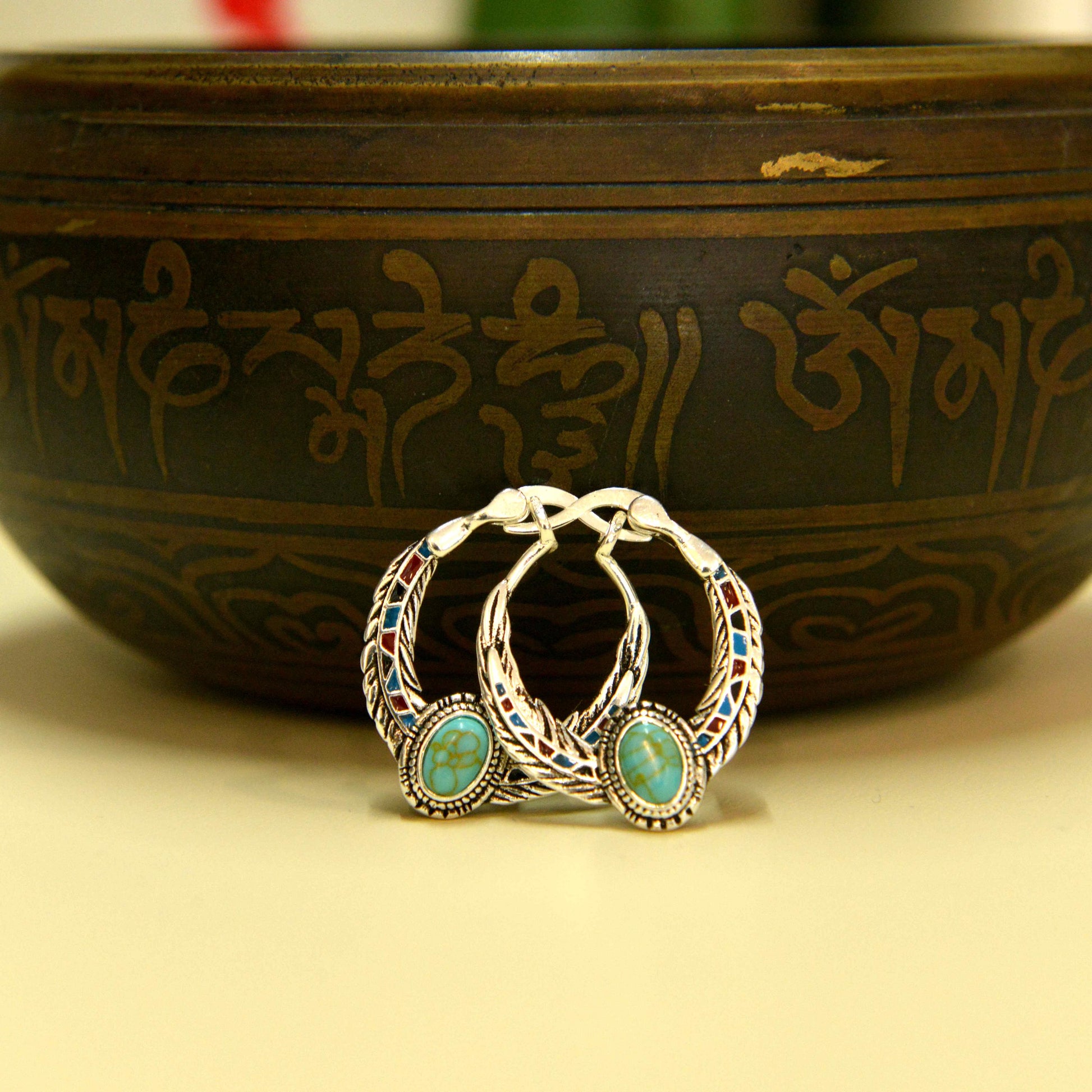 Blue 925 Silver Vintage Ethnic Style Feather Enamel Turquoise Earring Literature Tibetan Earrings