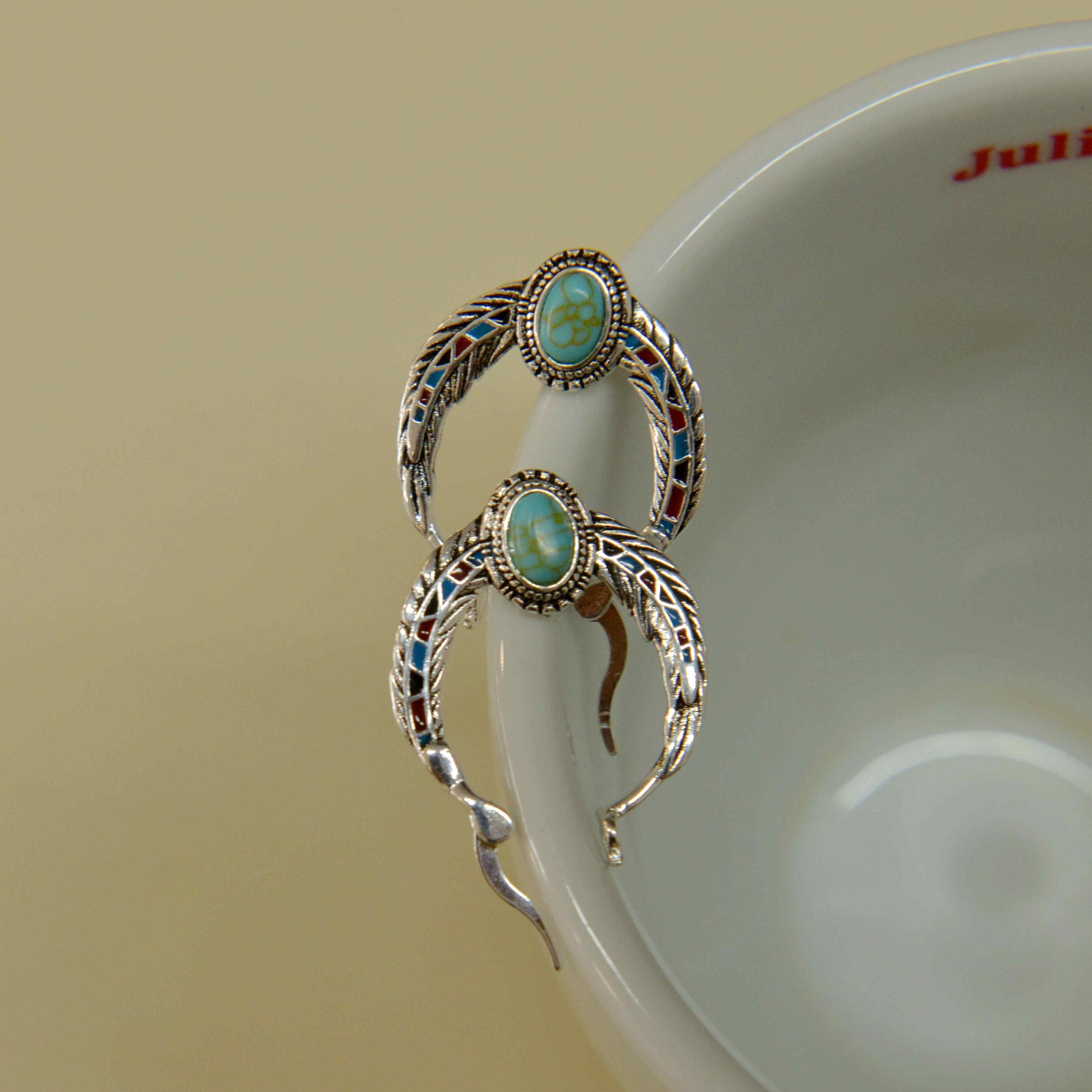 Blue 925 Silver Vintage Ethnic Style Feather Enamel Turquoise Earring Literature Tibetan Earrings
