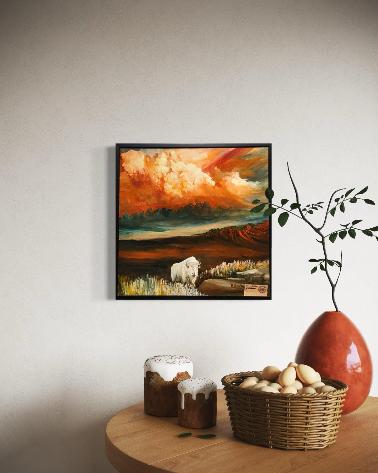 Original Oil Painting Print, Solitary White Buffalo Cresting Hill above the Prairie, Storm Clouds Burst over Mountains, Buffalo Roams Plains