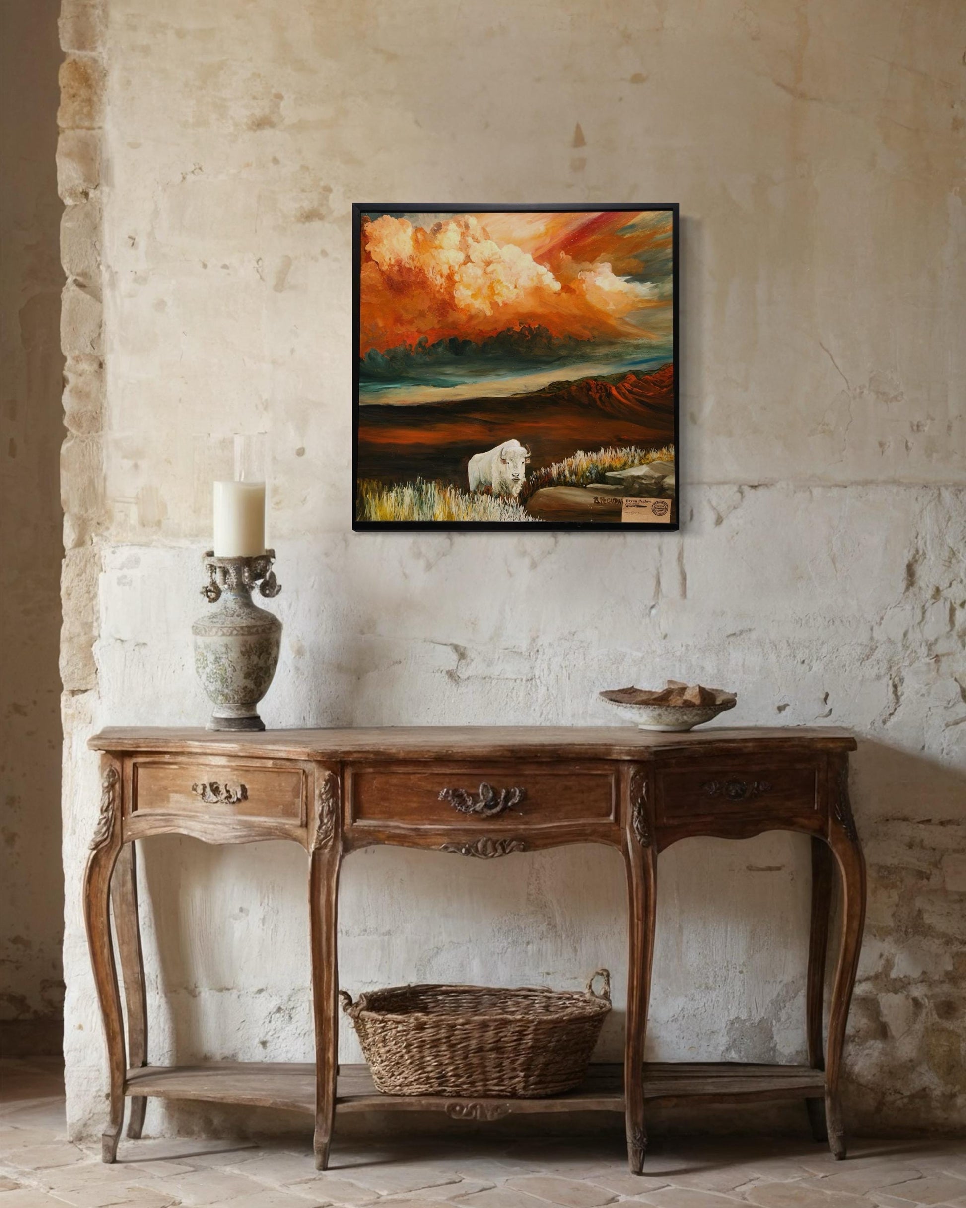 Original Oil Painting Print, Solitary White Buffalo Cresting Hill above the Prairie, Storm Clouds Burst over Mountains, Buffalo Roams Plains